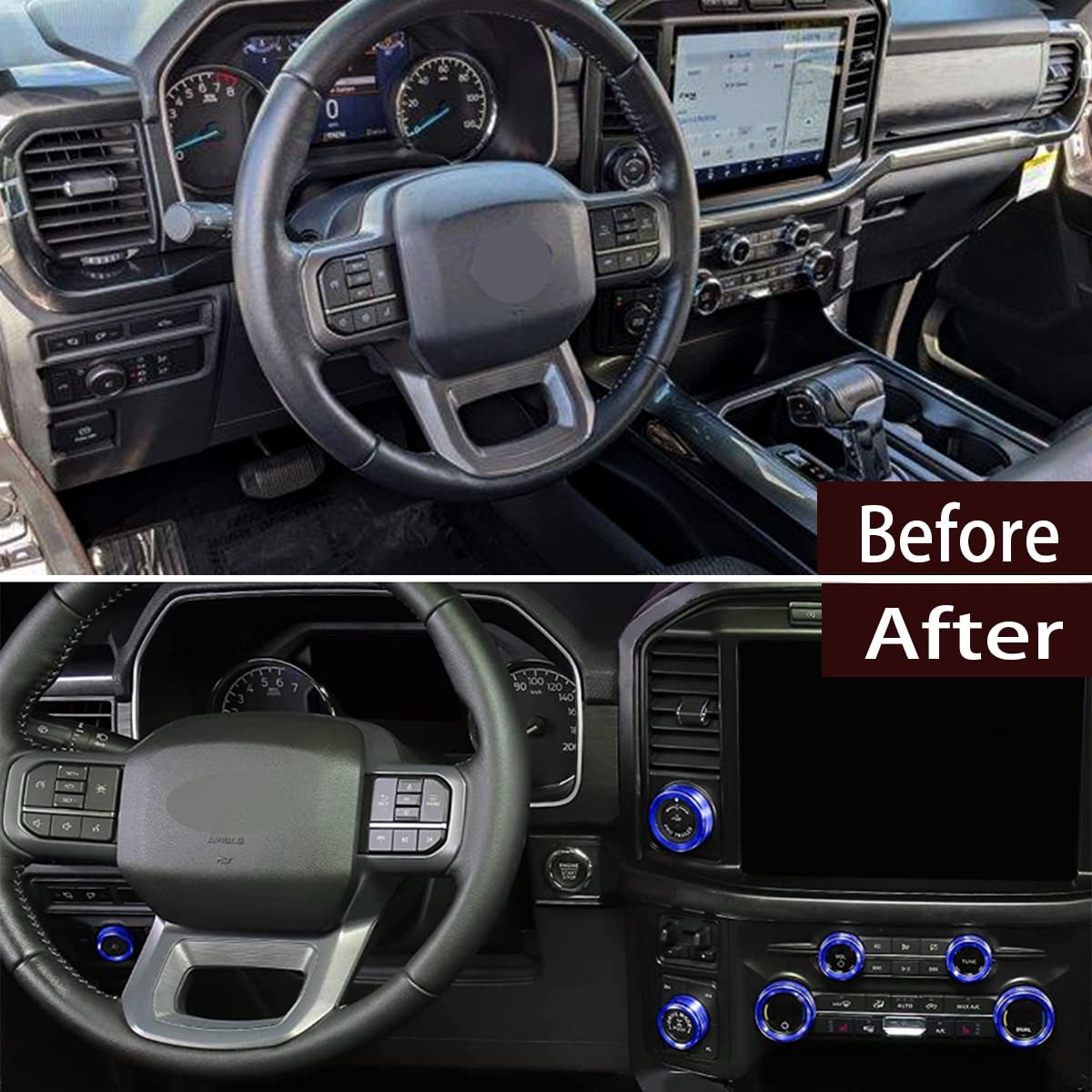 Keptrim For Ford F150 2021 2022 2023 Knob Air Conditioner Switch & Trailer & 4Wd & Vol & Headlight Button Ring Trim, Blue Alumin