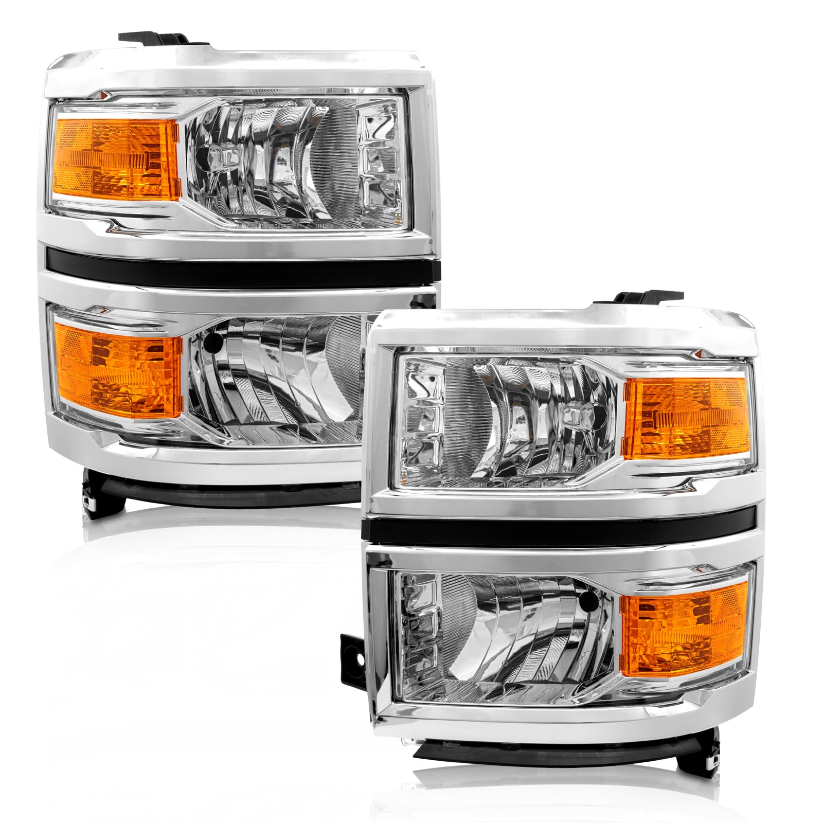 Adcarlights For 2014 2015 Chevy Silverado 1500 Headlight Assembly Chrome Housing With Amber Reflector Left And Right Pair