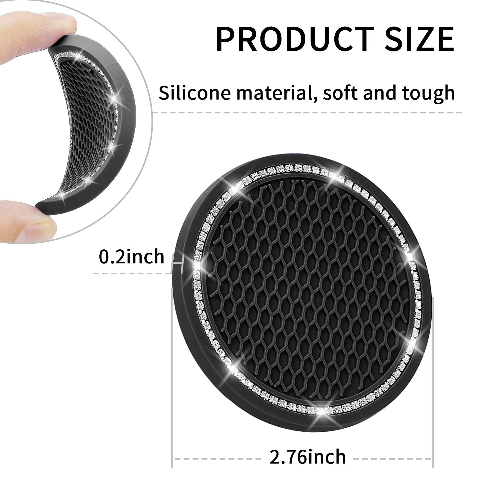 Car Coasters, 4 Pack Universal Vehicle Bling Car Coaster, Cocases Crystal Rhinestone Coaster For Cup Holders, Car Interior Accessories 2.75'' Silicone Anti Slip Car Coasters For Women ( Black )