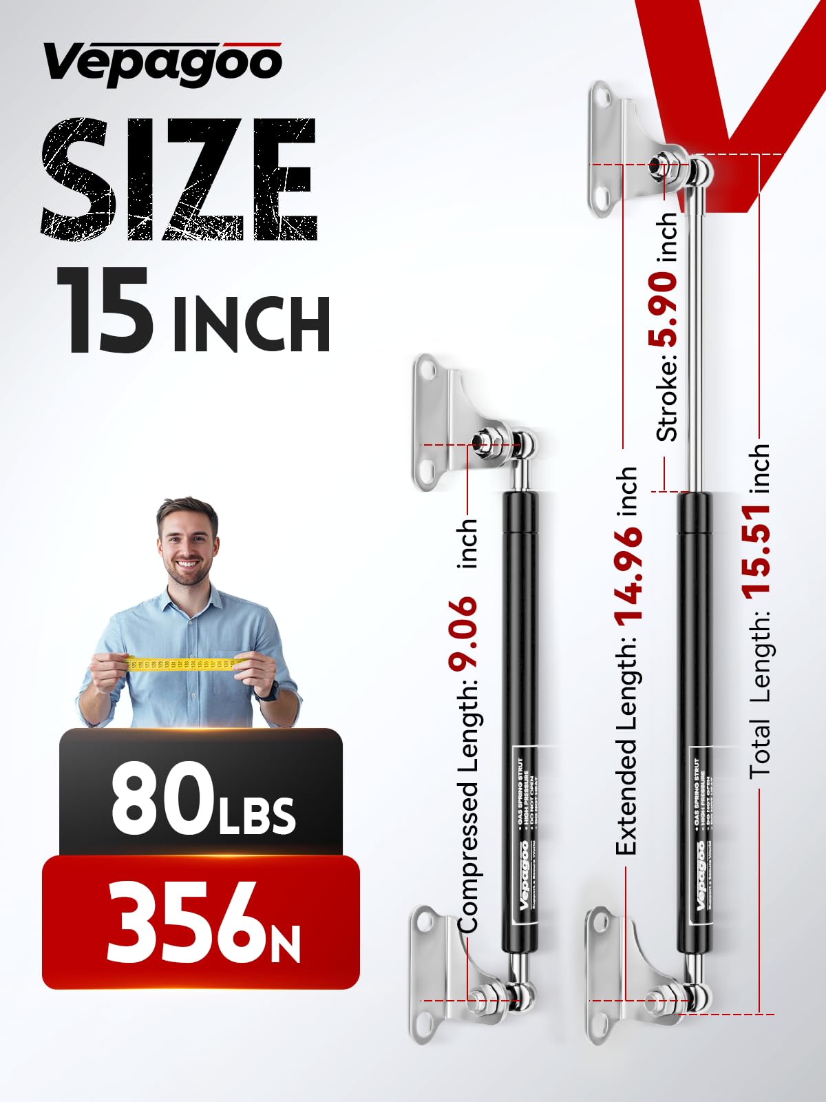 Vepagoo Gas Struts 15 Inch 80Lb/356N Shock With Brackets, Rv Bed Storage Door Lift Kit, Heavy Lid Duty Springs (Fit 64Lb-88Lb Li