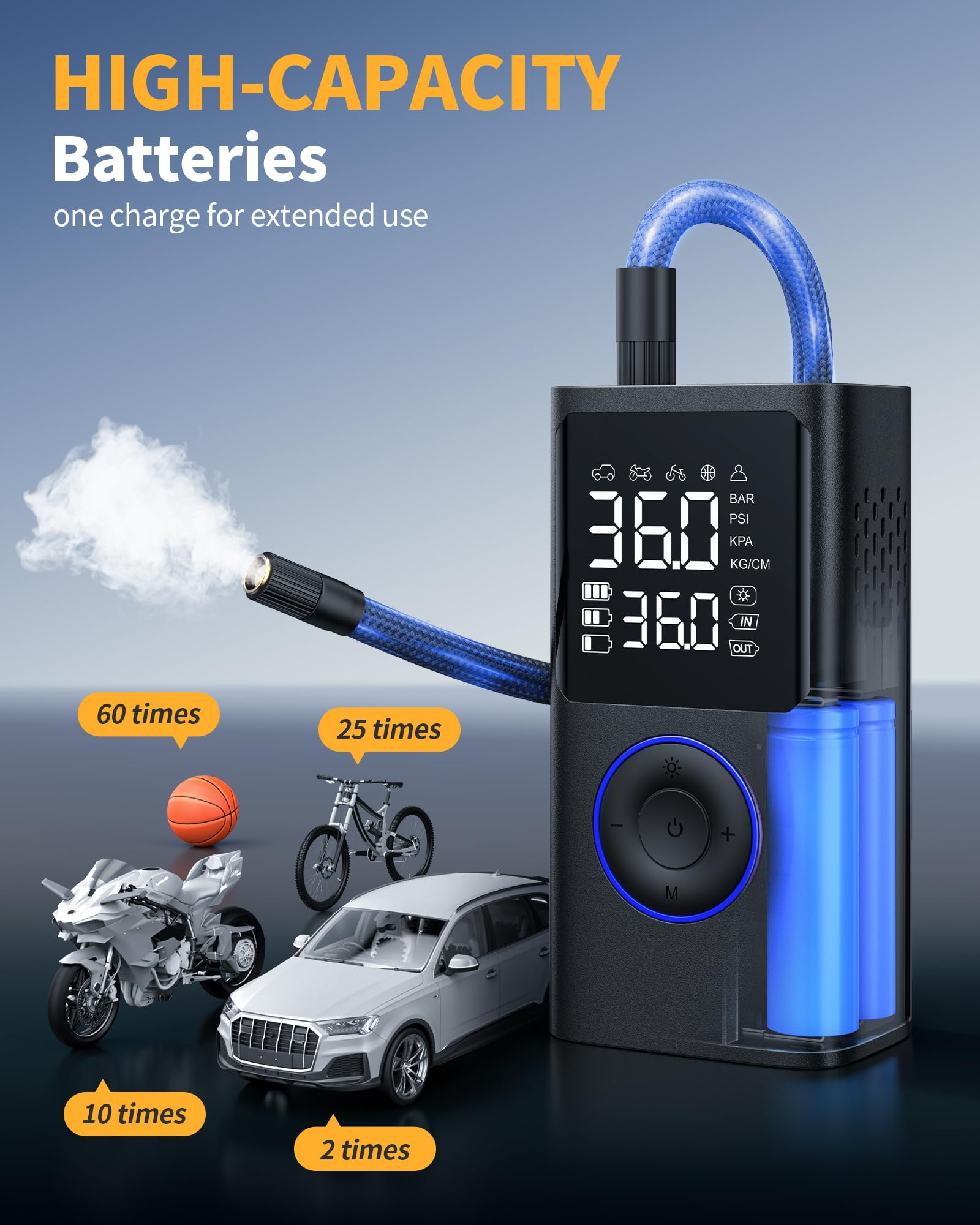 Powools Tire Inflator Portable Air Compressor, 150 PSI Cordless Bike Pump, Standard Capacity, Blue, Model ATJ-006