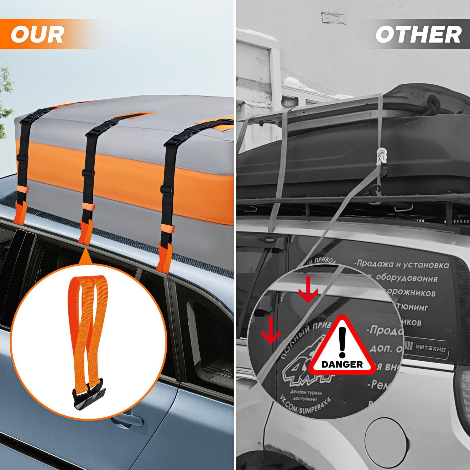 OVAMAN Rooftop Cargo Tie Down Hook Straps - Durable Orange Polypropylene, No Roof Rack Needed, Compatible with Most Cars, 6-Pack