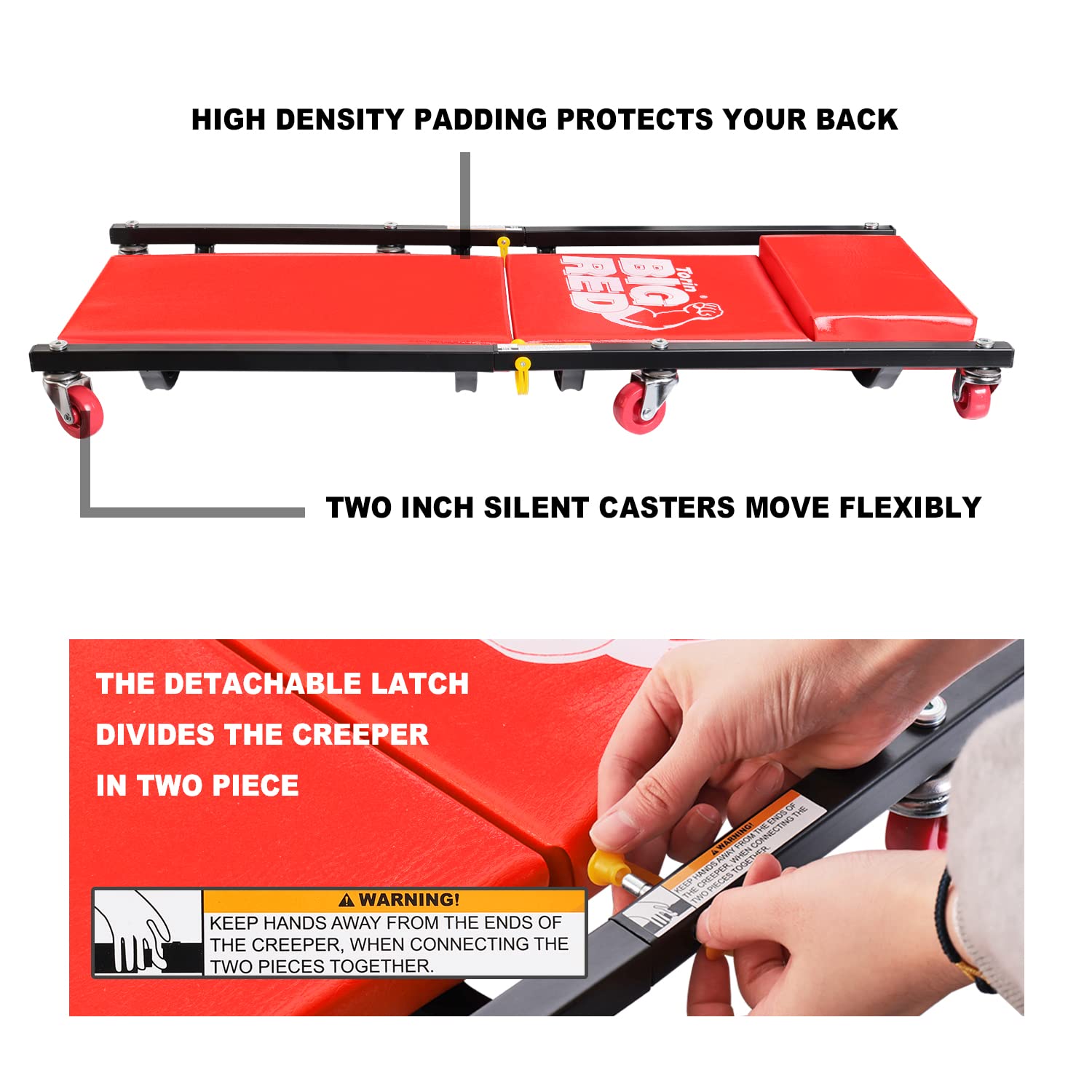 Big Red 36'' 2-Piece Padded Rolling Garage/Shop Creeper, Mechanic Cart With Headrest And 6 Casters, Red Tr7565R Torin
