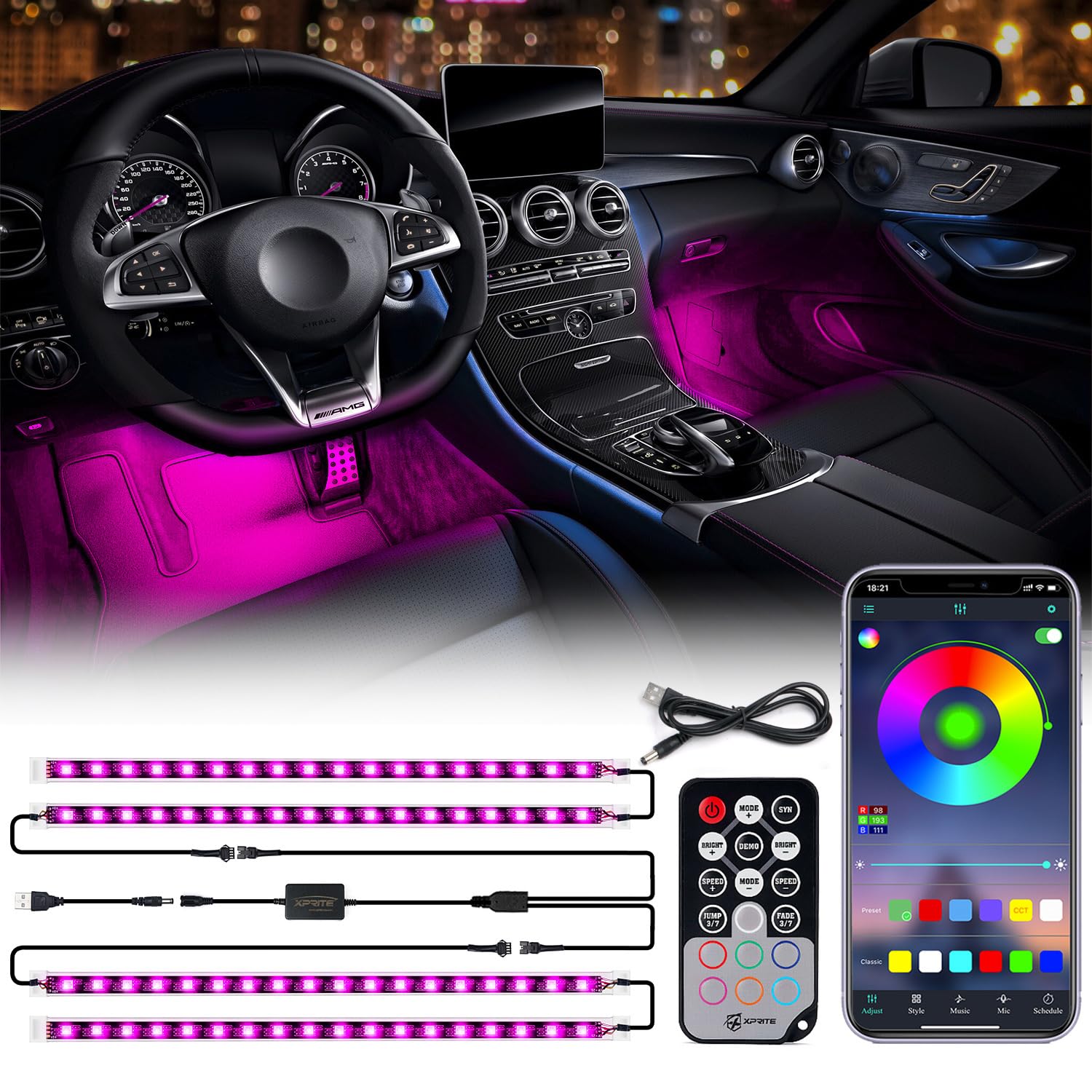 Xprite Rgb Led Car Interior Bluetooth Usb Light Strip, W/Wireless Remote And App Control,4 Pcs Under Dash Footwell Ambient Light
