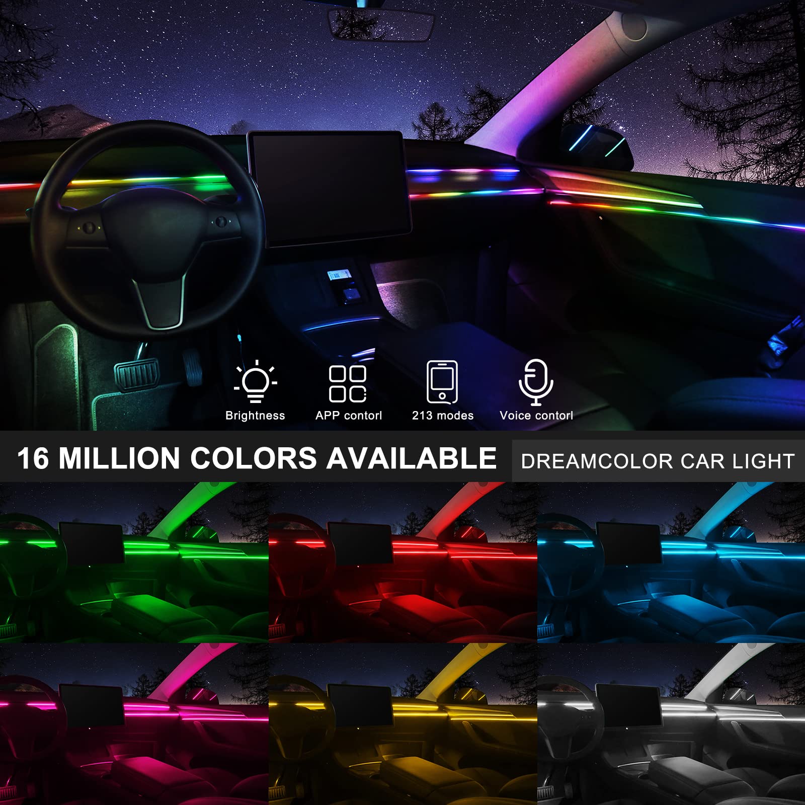 Acrylic Interior Car Led Strip Light With Wireless App, Rgb 18 In 1 With 175 Inches 593 Leds Fiber Optic Ambient Lighting Kits,