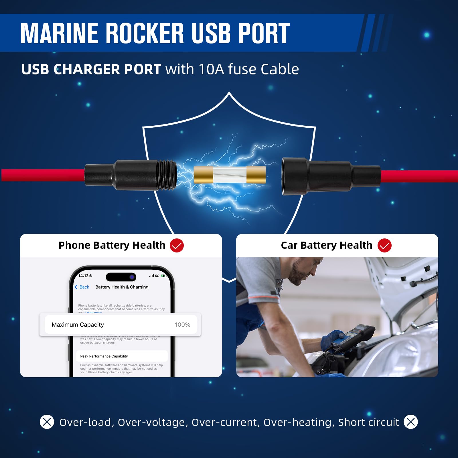 Anina 4.2A Rocker Switch Style Dual Usb Charger Blue Led Light, Waterproof Usb Port With 10A Fuse For Marine Toggle Switch Panel