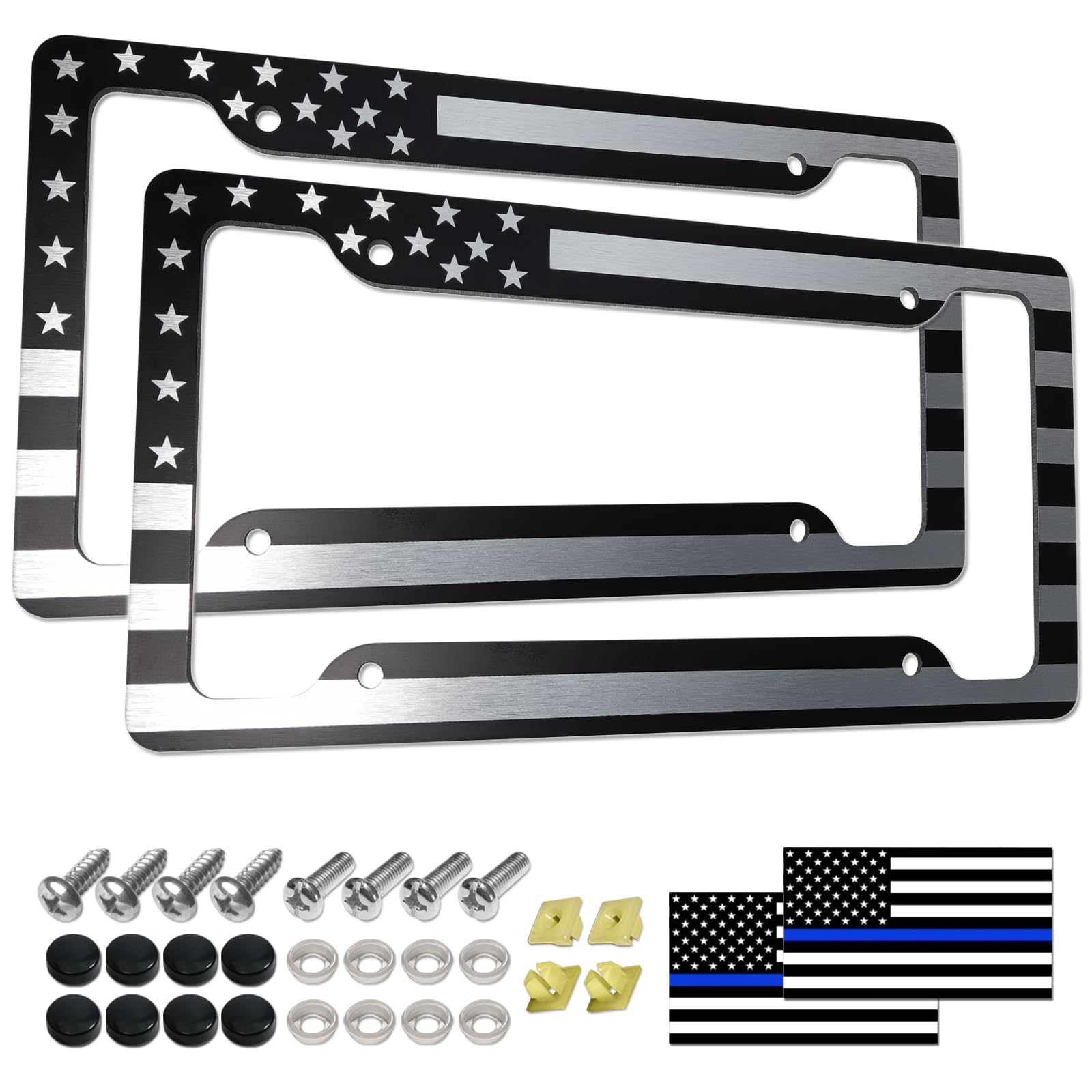 Aootf American Flag License Plate Frames- Patriotic Usa Car Tag Cover, 2 Pack 4 Hole Thin Matte Black Brushed Aluminum Plastic C