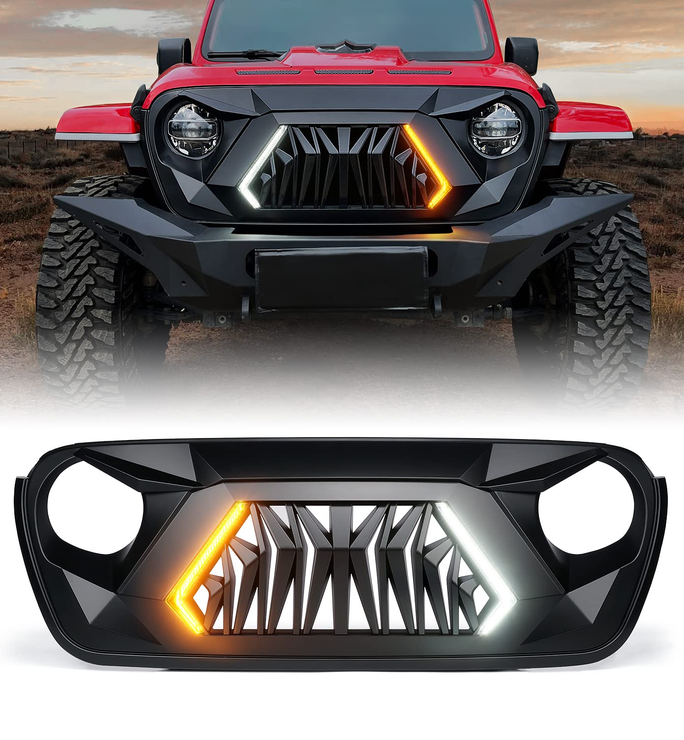Xprite Front Grill Replacement Compatible With 2018-2025 Jeep Wrangler Jl Jlu & 2020+ Gladiator Jt, Matte Black Shark Grille W/R