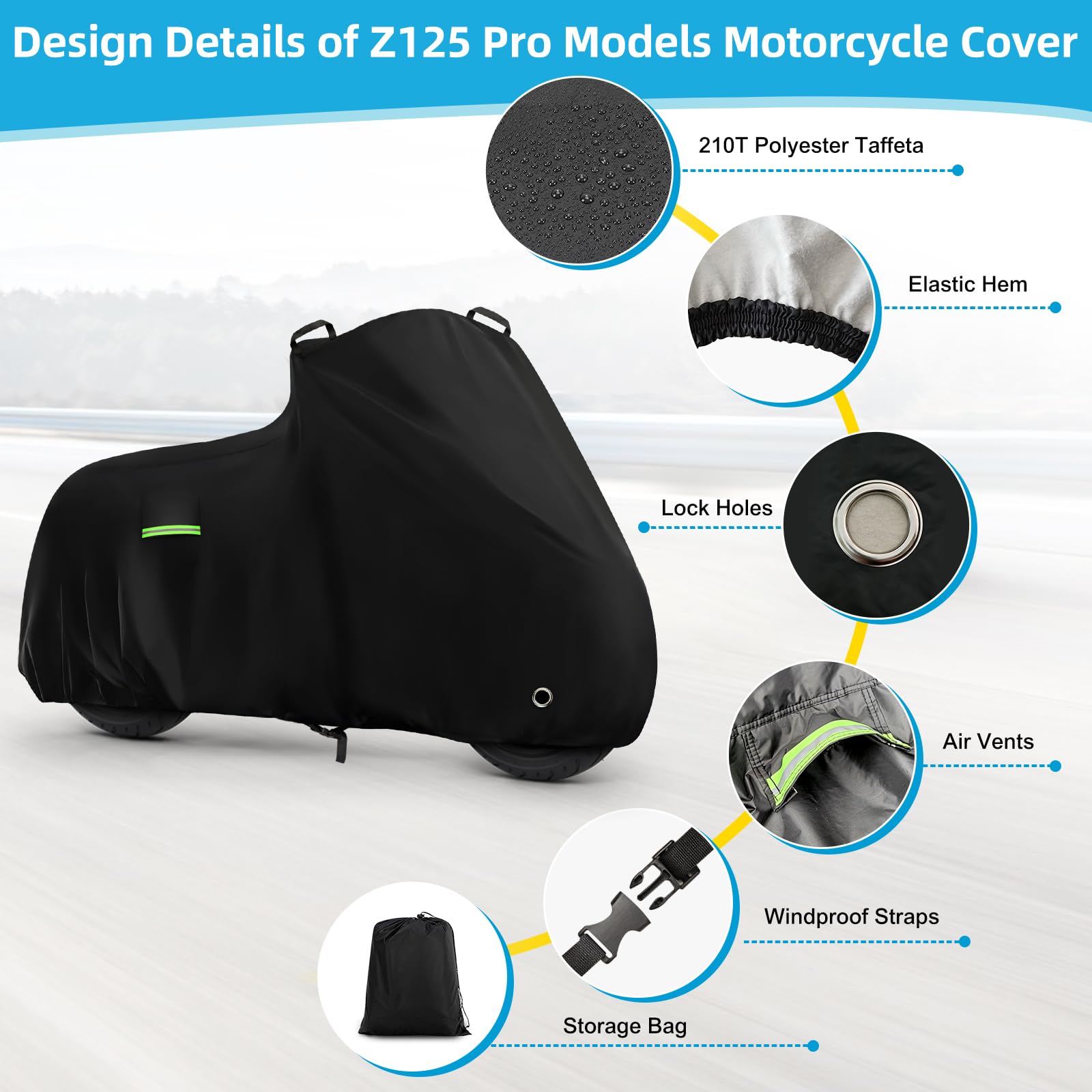Motorcycle Cover for Kawasaki Z125/Z125 Pro/KLX 110, Heavy Duty Outdoor Sun UV Rain Dust Waterproof All Weather Protection Windp
