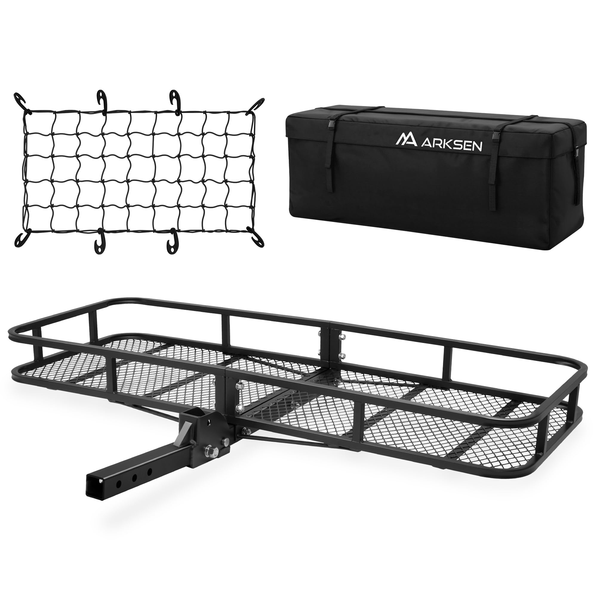 Arksen 60 X 23 X 5.5 Inch Folding Hitch Cargo Carrier With 600D Pvc Waterproof Cargo Bag, Nylon Net, 500 Lbs Capacity Heavy Duty
