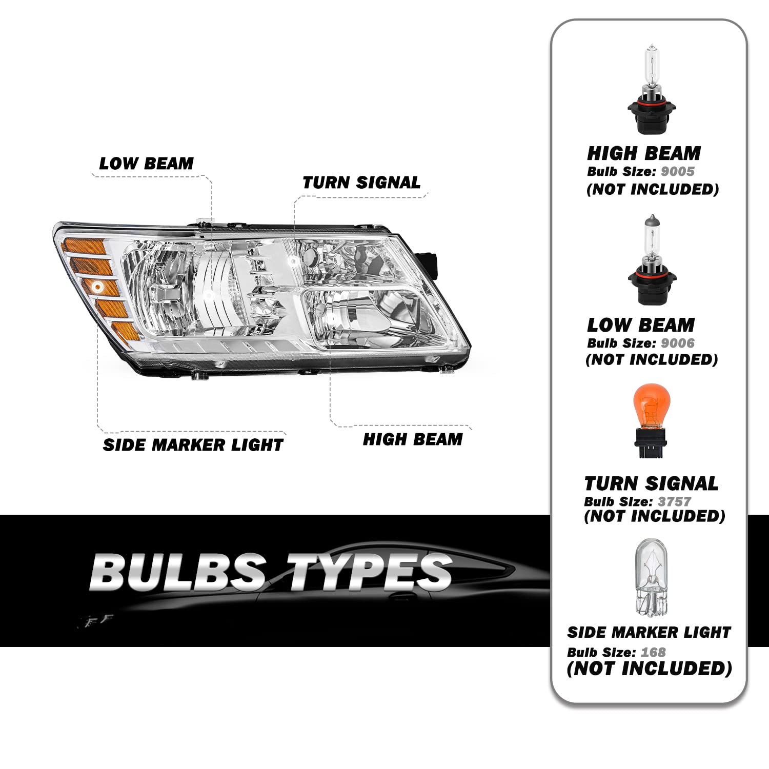 Sockir Headlight Assembly Fit For 2009-2020 Dodge Journey Headlamp Replacement Chrome Housing With Amber Reflector Right Passenger Side
