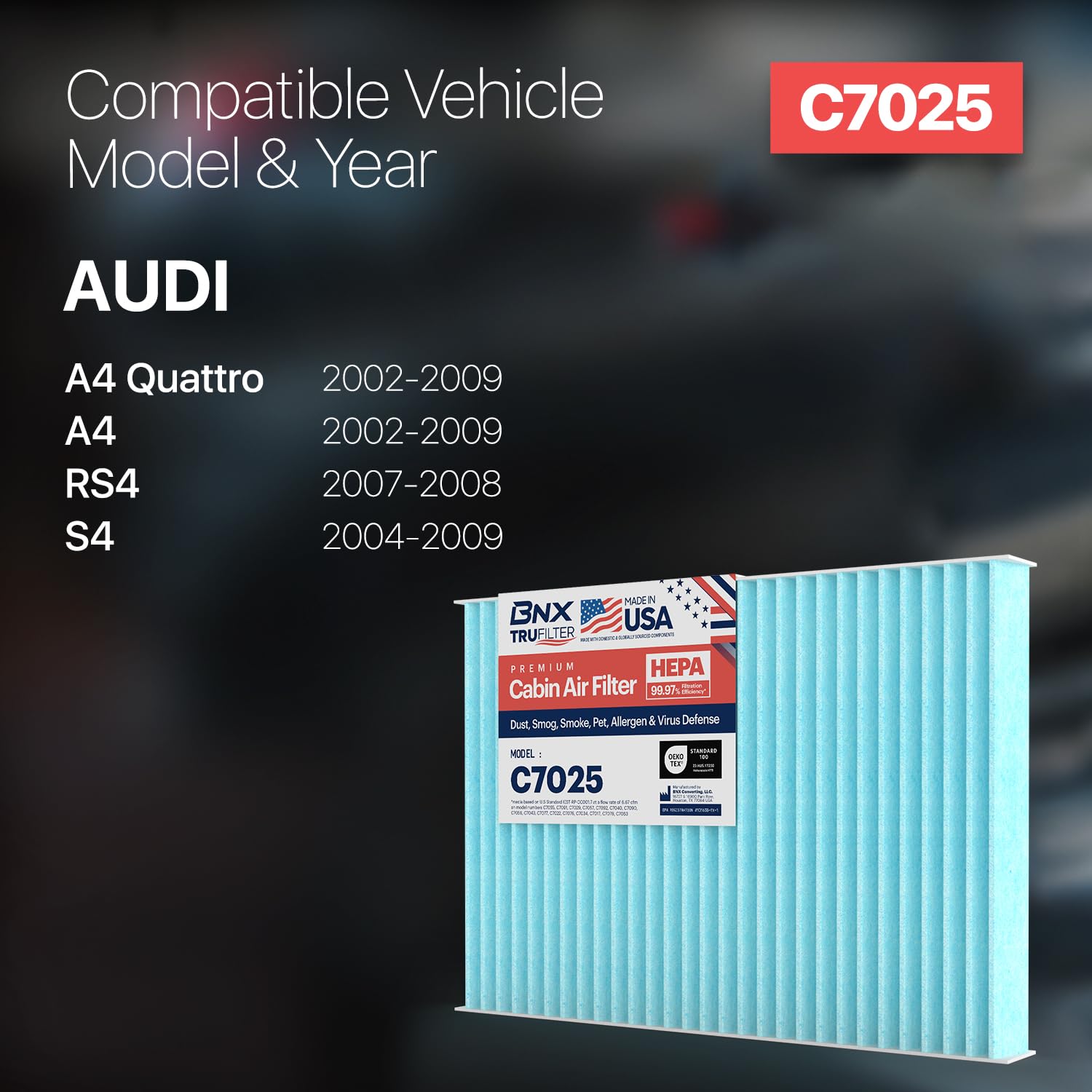 Bnx Trufilter C7025 Cabin Air Filter, Hepa 99.97%, Made In Usa, Compatible With Audi: A4, A4 Quattro, Rs4, S4