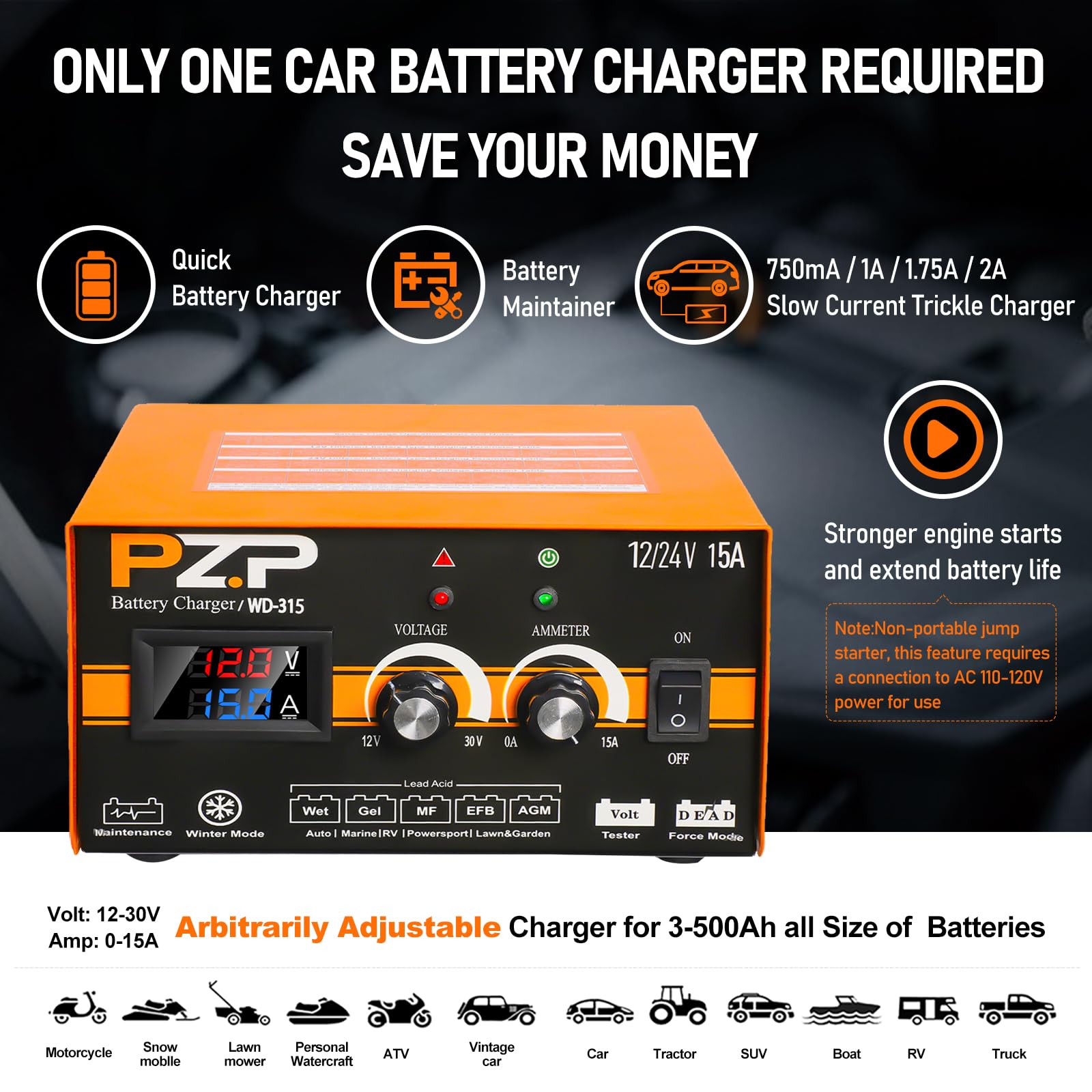 Pz.P 12V 24V Manual Battery Charger Maintainer, 0 To 15A Arbitrarily Adjustable Car Battery Trickle Charger, Battery Desulfator