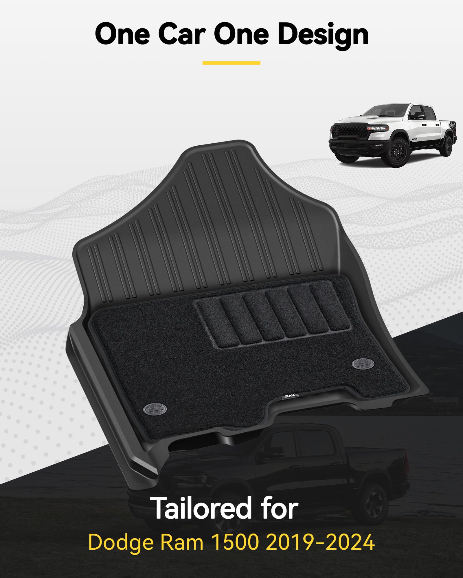 3W Floor Mats & Front Carpet Top For Dodge Ram 1500 2019-2024 (New Body Crew Cab/Without Storage) 1St & 2Nd Row Tpe All Weather