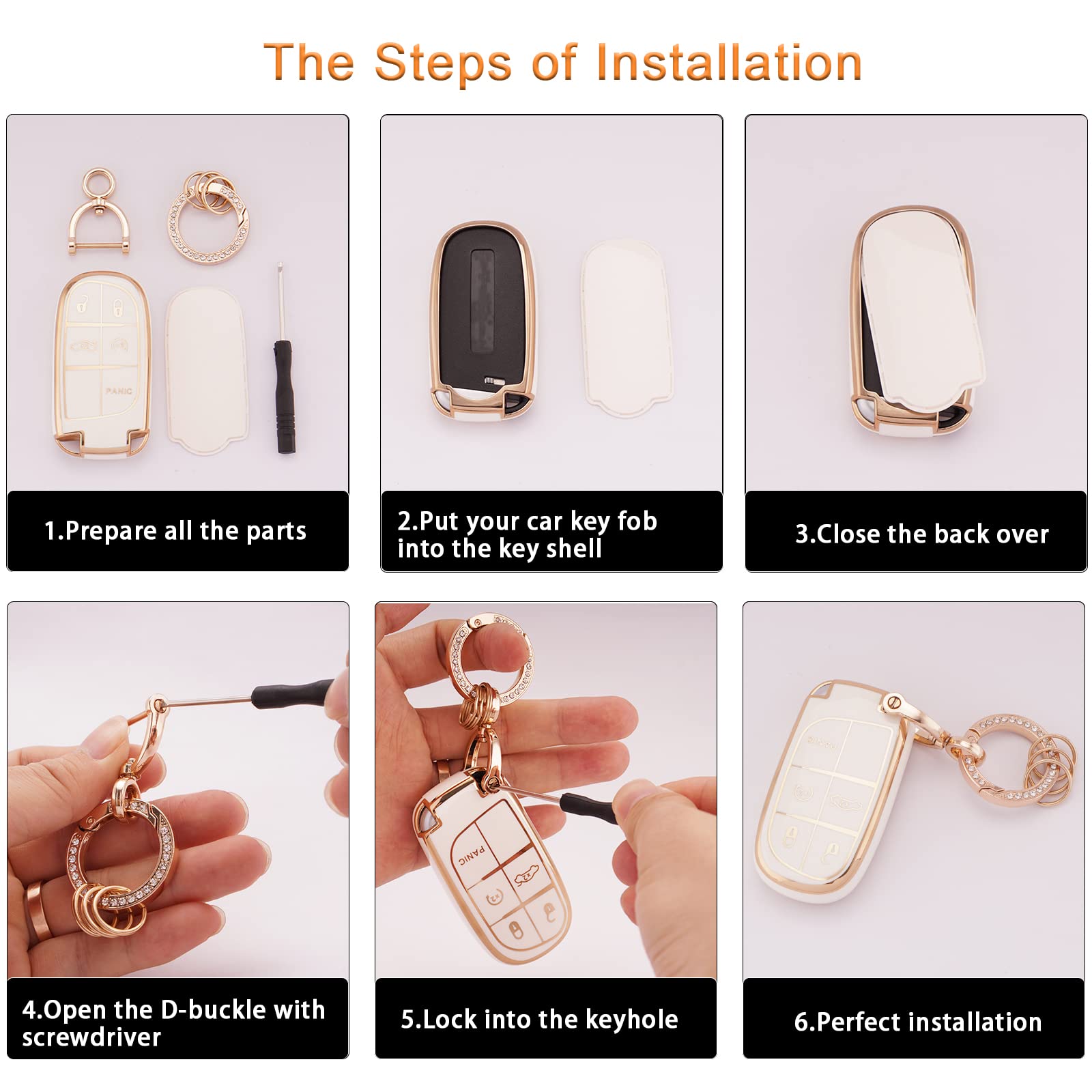 Ekala For Jeep Key Fob Cover Soft Tpu Full Protection Smart Key Case Shell With Bling Keychain Fit For Jeep Grand Cherokee Compass Renegade Dodge Chrysler 5 Buttons Smart Key Case Holder (R-Jep-W)