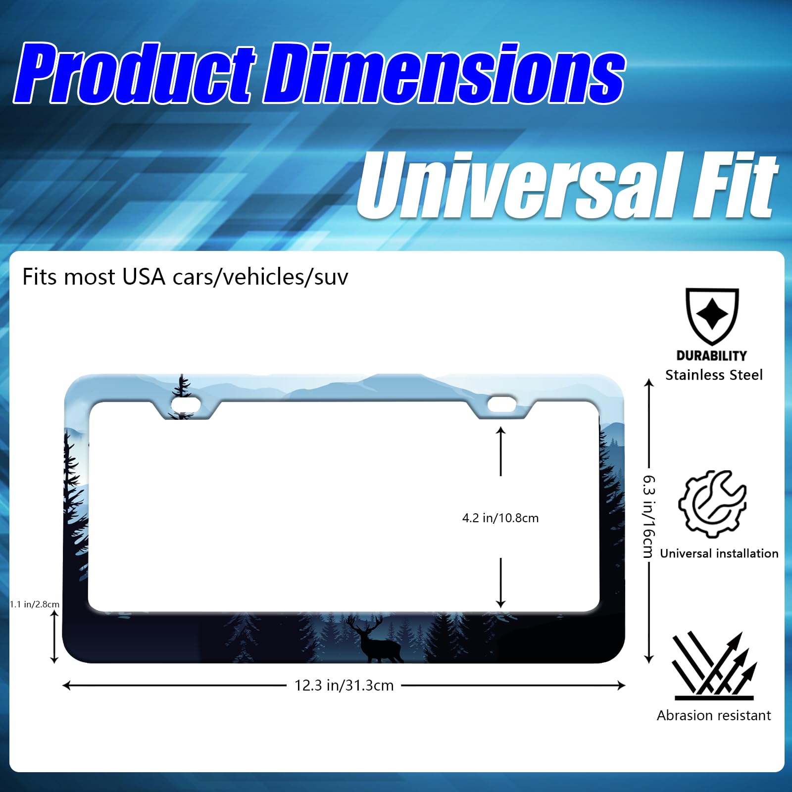 Mountains Landscape License Plate Frames Forest Deer Blue License Plate Holder for Car Decor Parts Stainless Steel License Plate