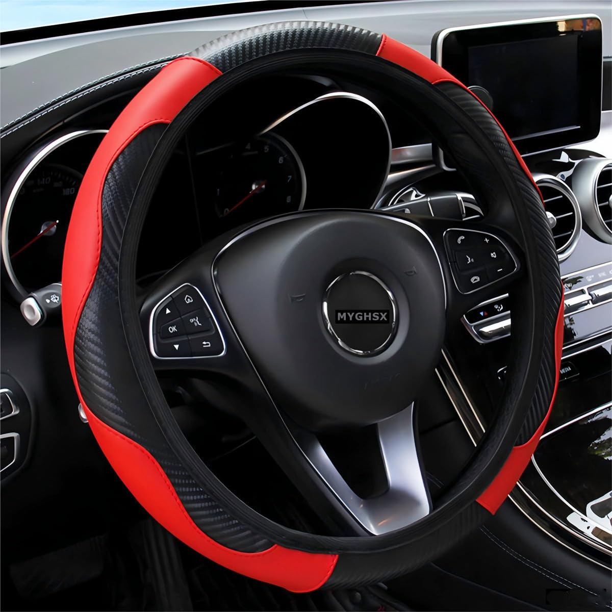 Myghsx Car Steering Wheel Cover, Universal Microfiber Leather Elastic Carbon Fiber 15 Inch Breathable Anti-Slip Steering Wheel P