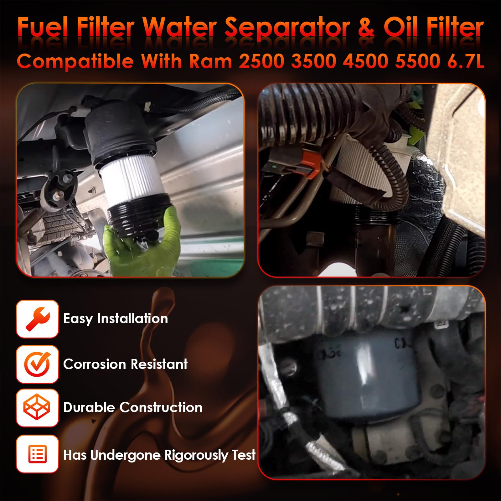 6.7L Cummins Fuel Filter Water Separator And Oil Filter Set Replacement For 2019-2024 Dodge Ram 2500 3500 4500 5500 Replaces# 68