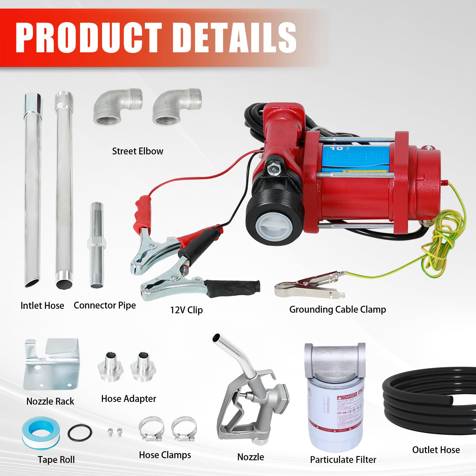 SUPERFASTRACING 10GPM 12V DC fuel transfer pump with Nozzle Kit for Gasoline Diesel Red with Particulate Filter