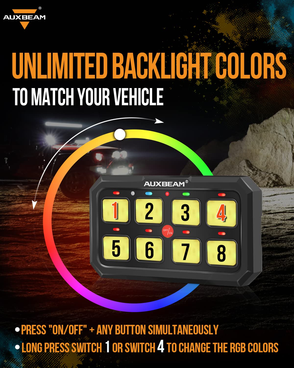 Auxbeam Switch Panel Rgb 5 Inch Large 8 Gang Switch Panel Ra80 Xl, Toggle Momentary Pulsed 12V Switch Panel For Car Truck Suv Rv Camper Van Offroad Accessories Auxiliary Switch Panel, 2 Years Warranty