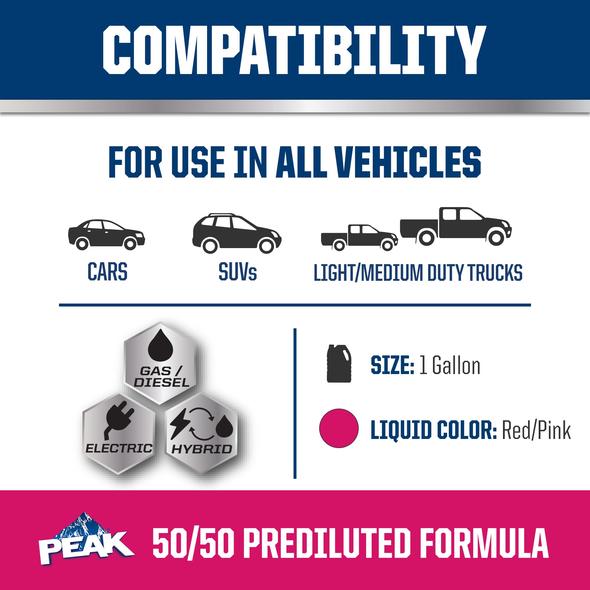 Peak Oet Extended Life Red/Pink 50/50 Prediluted Antifreeze/Coolant For Asian Vehicles, 1 Gal.