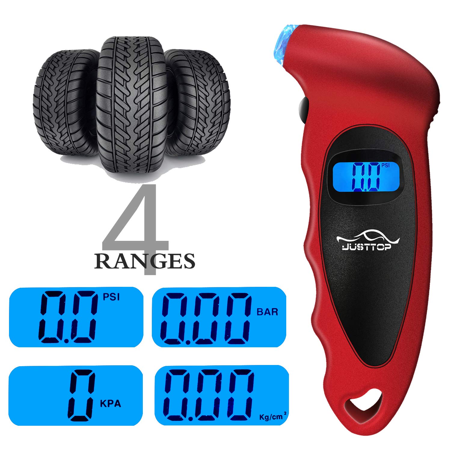 Justtop 2 Pack Digital Tire Pressure Gauge, 150Psi 4 Setting For Cars, Trucks And Bicycles, Backlit Lcd And Anti-Skid Grip For E