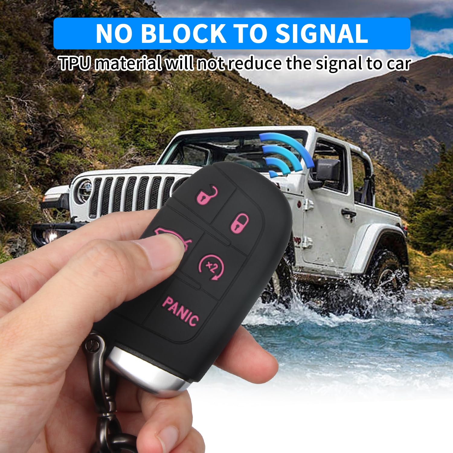 Qbuc Silicone Remote Case For Dodge Grand Cherokee - 5 Button Key Fob Cover (Black Pink)