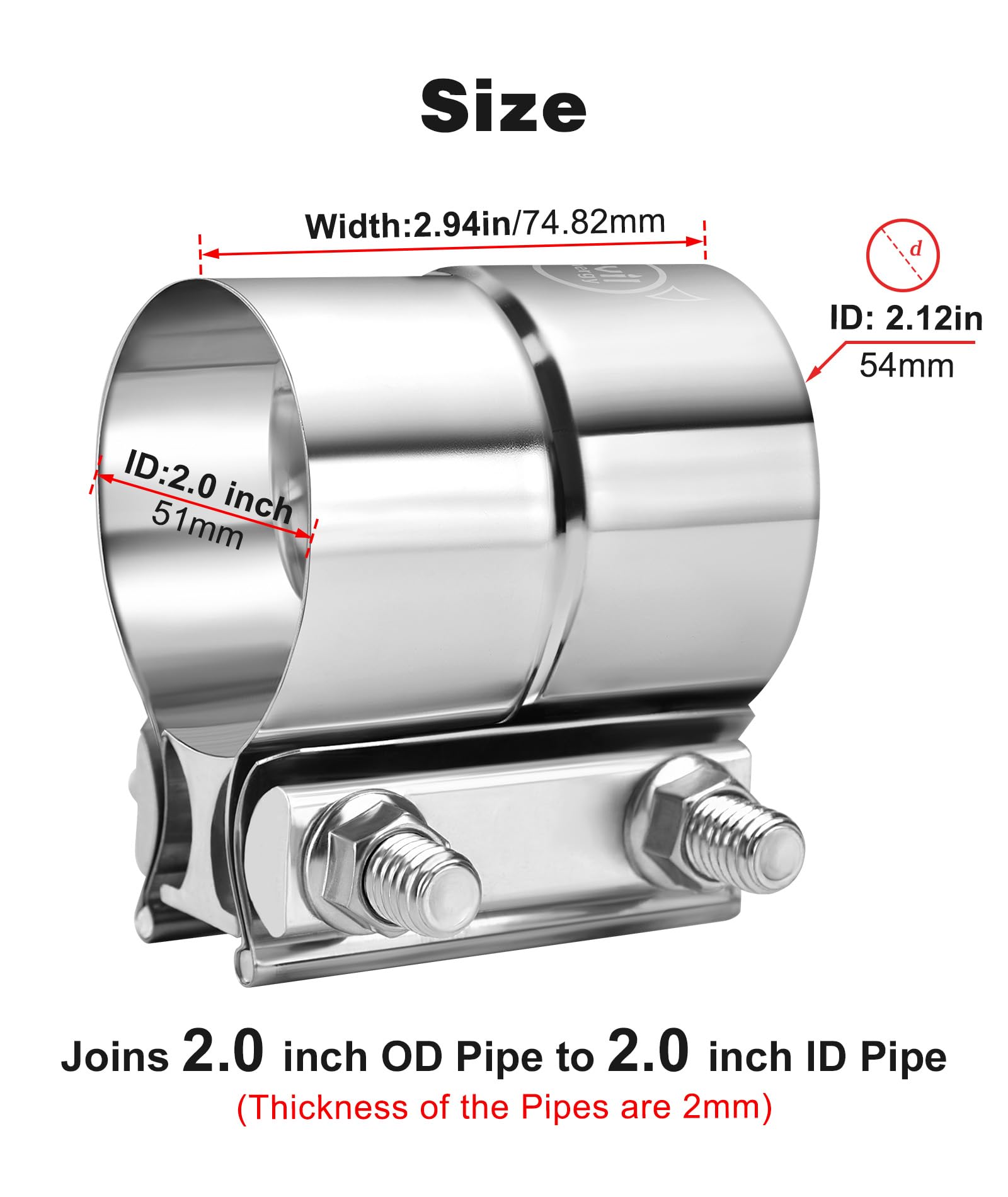 Evil Energy 2 ' ' Exhaust Clamp,Lap Joint Band Clamp Stainless Steel For Pipes,Mufflers,Catalytic Converters (2, 2.0 Inch)