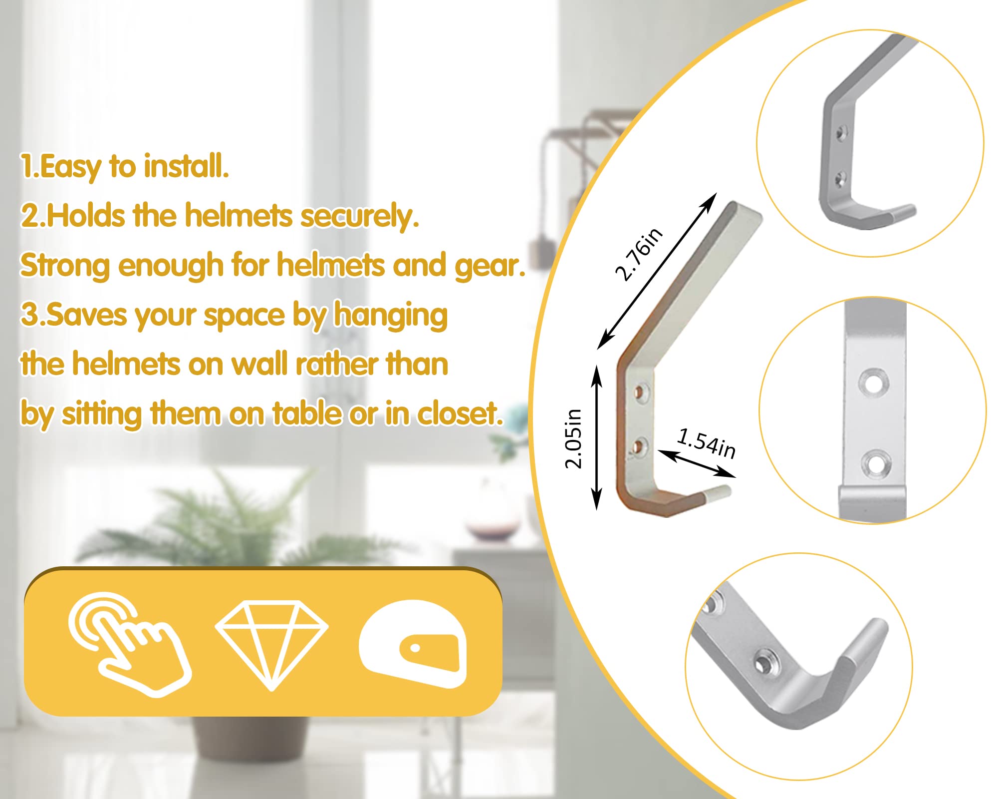 Deloky 4 Pack Motorcycle Helmet Holder Hook -Jacket Bags Wall Mount Cloth Display Rack Hook with Mounting Screws (4pcs Hook+ 8pc