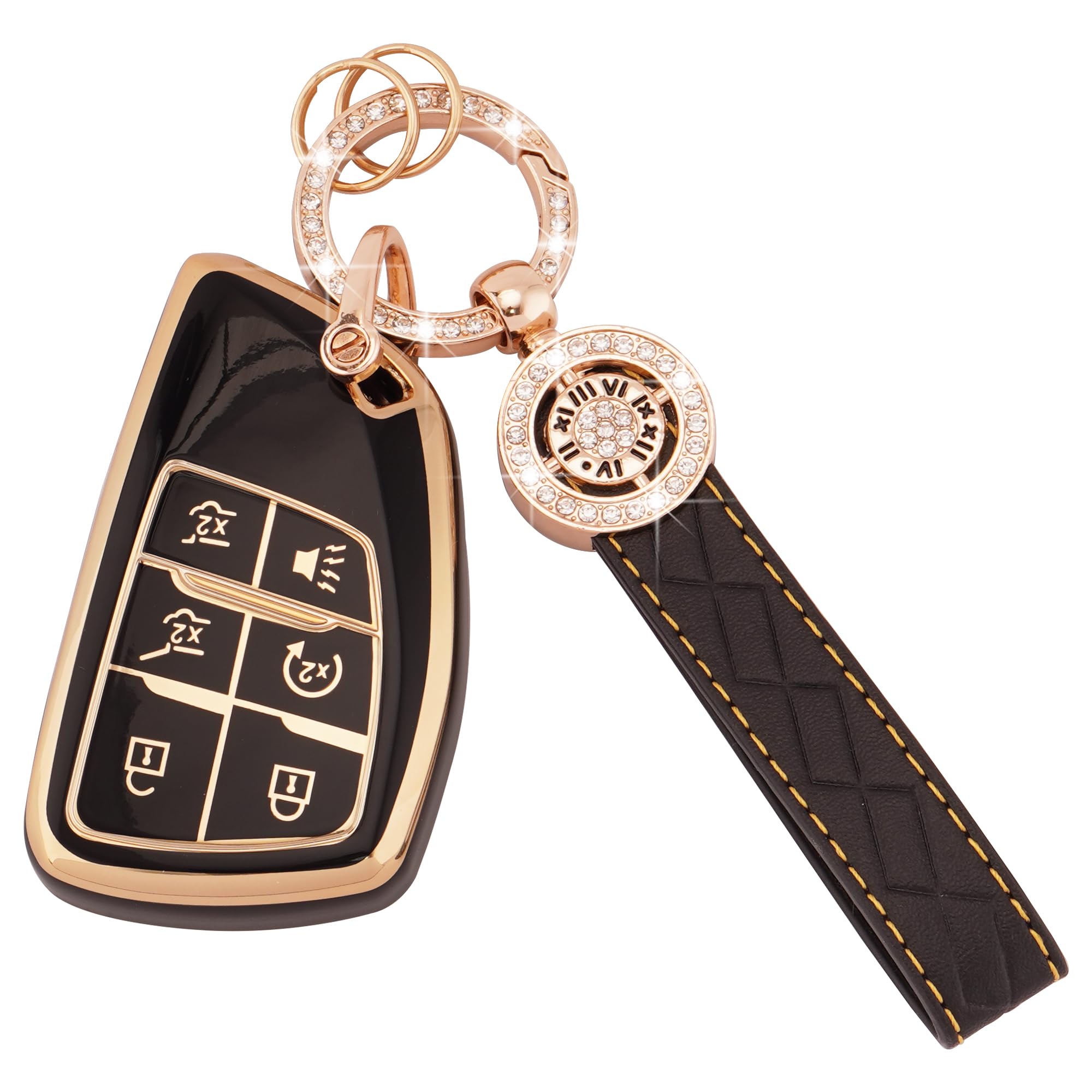 EKALA for Chevy Key Fob Cover with Leather Keychain 6 Buttons Soft TPU Car Keys Shells Compatible with 2021 2022 Chevy Suburban 