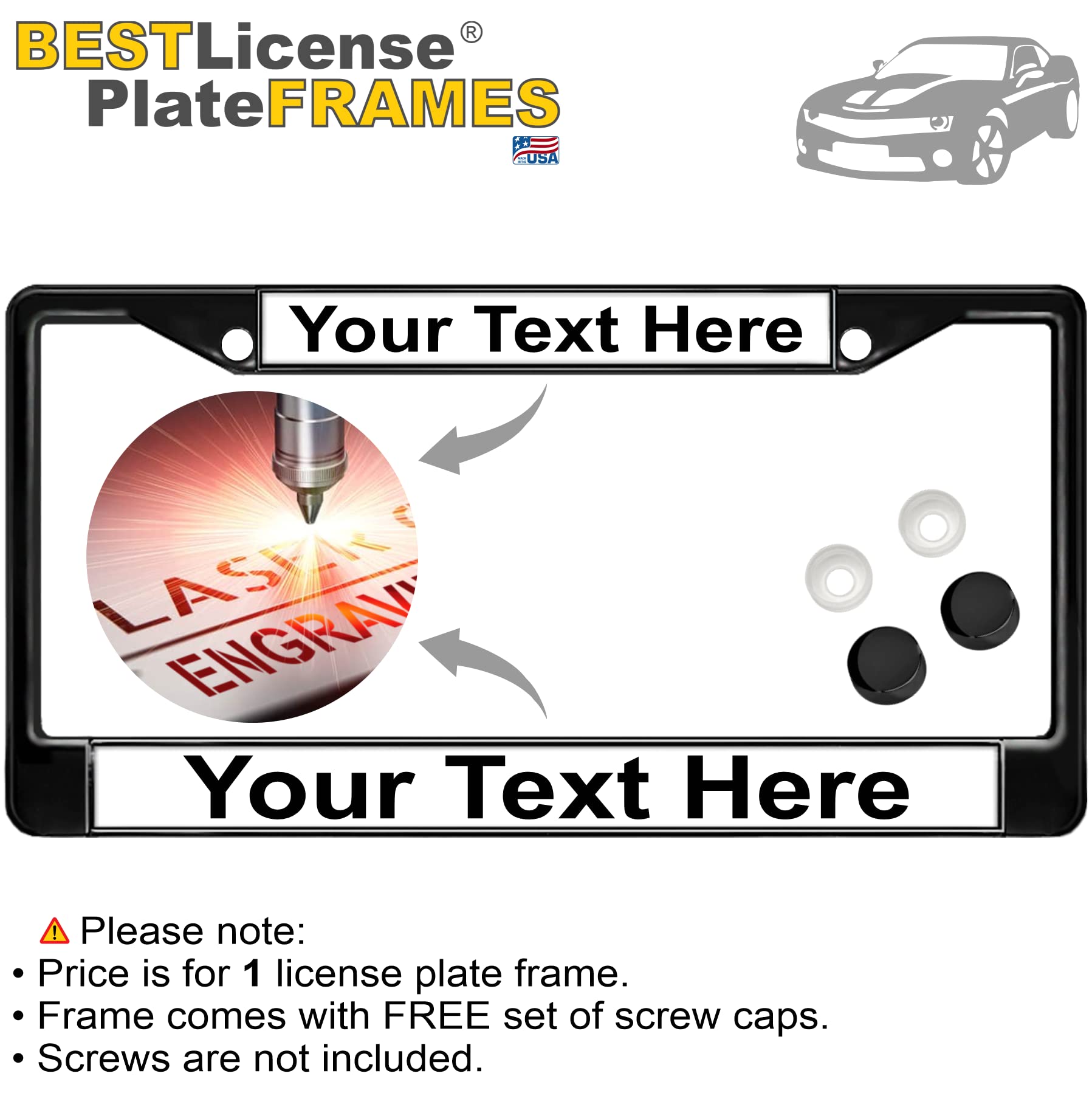 Custom Personalized Black Powder-Coated Metal Laser Engraved Standard Size - Car/Automobile License Plate Frame With Free Caps -