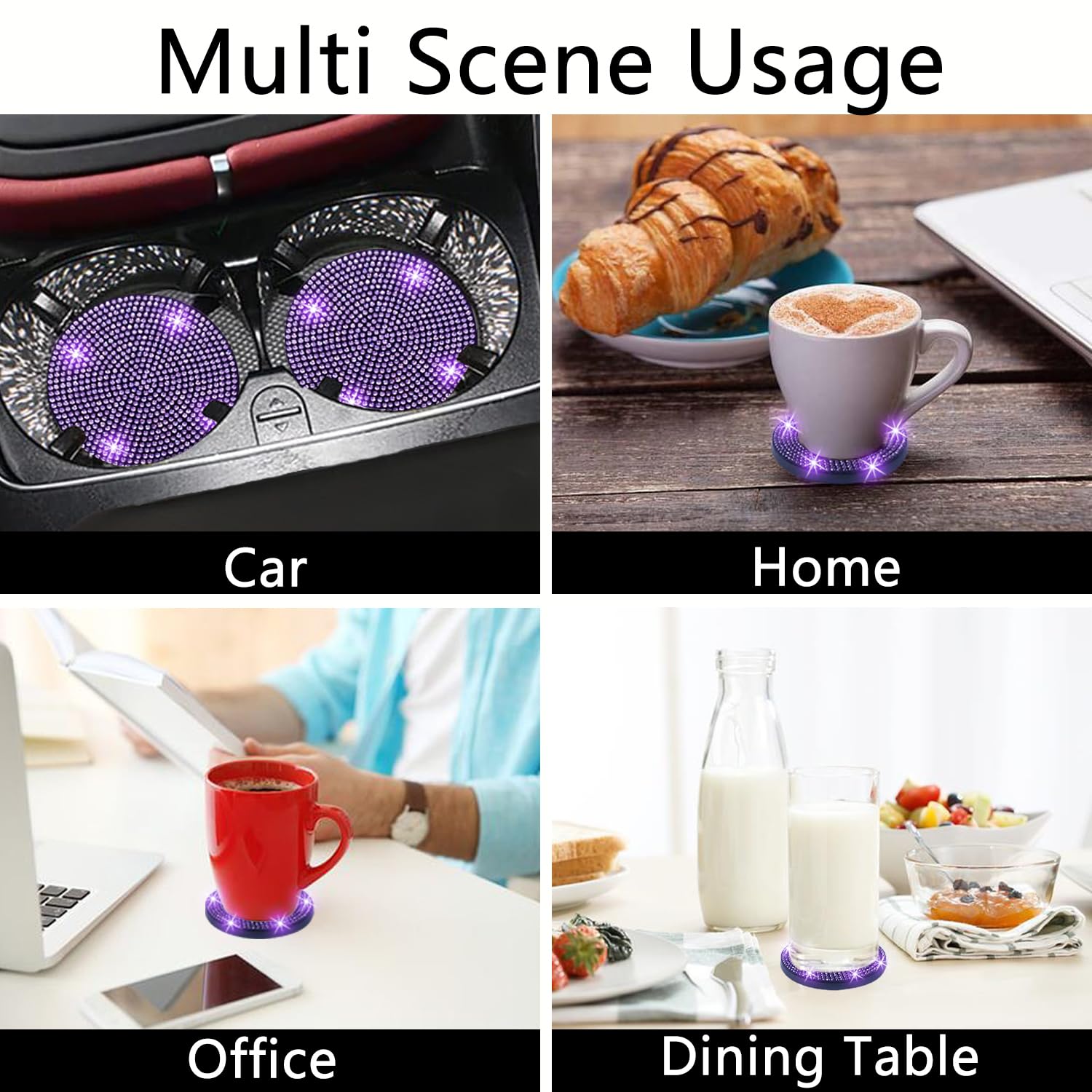 Nbtepem 4Pcs Bling Car Cup Holder Coaster, 2.75 Inch Anti-Slip Shockproof Universal Car Coasters Insert Bling Crystal Rhinestone