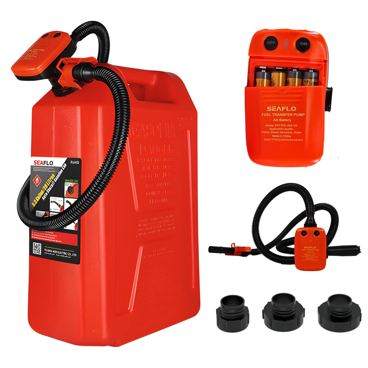 SEAFLO Automatic Fuel Transfer Pump, 2.4 GPM Flow, Auto-Stop Sensor, Long Discharge Hose, Portable Gas Can Pump for Oil, Diesel,