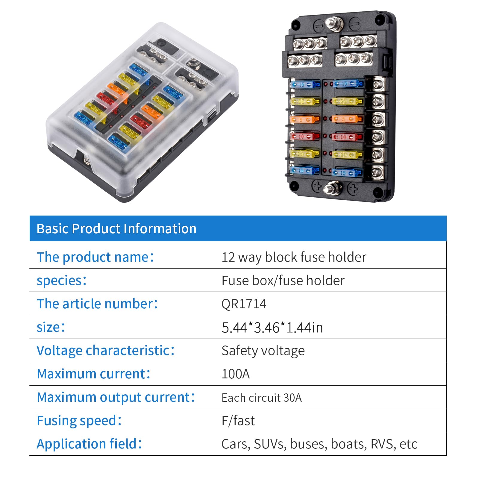 12 Way 12V Fuse Box Blade, 12Volt Fuse Block With Led Indicator Waterproof Cover - 12 Circuit Independent Positive Negative Fuse