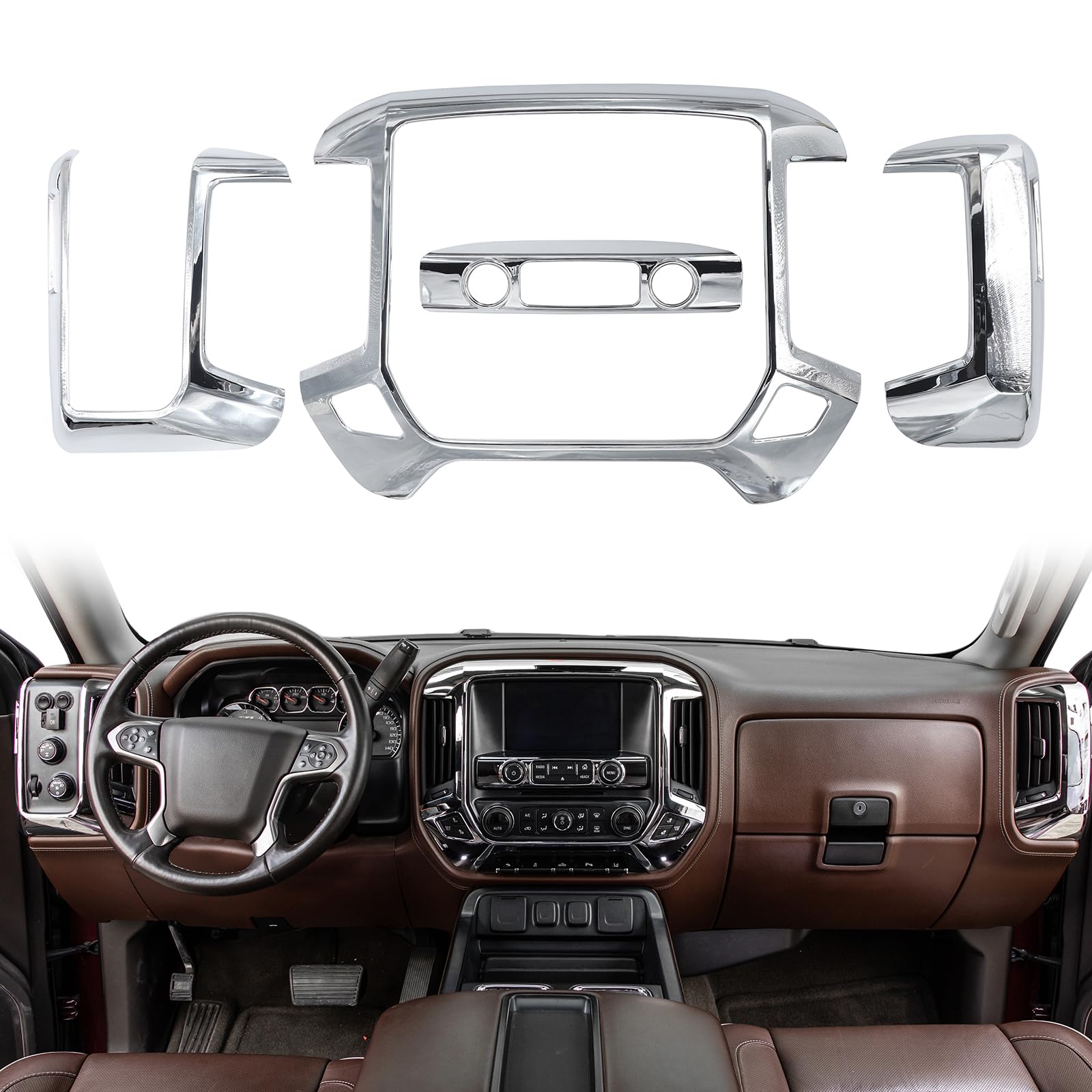 RT-TCZ for Silverado Dash Panel Trim Cover Chrome Bezel for GMC Sierra Chevy Silverado 2014-2017 Chrome Interior Accessories 4pc