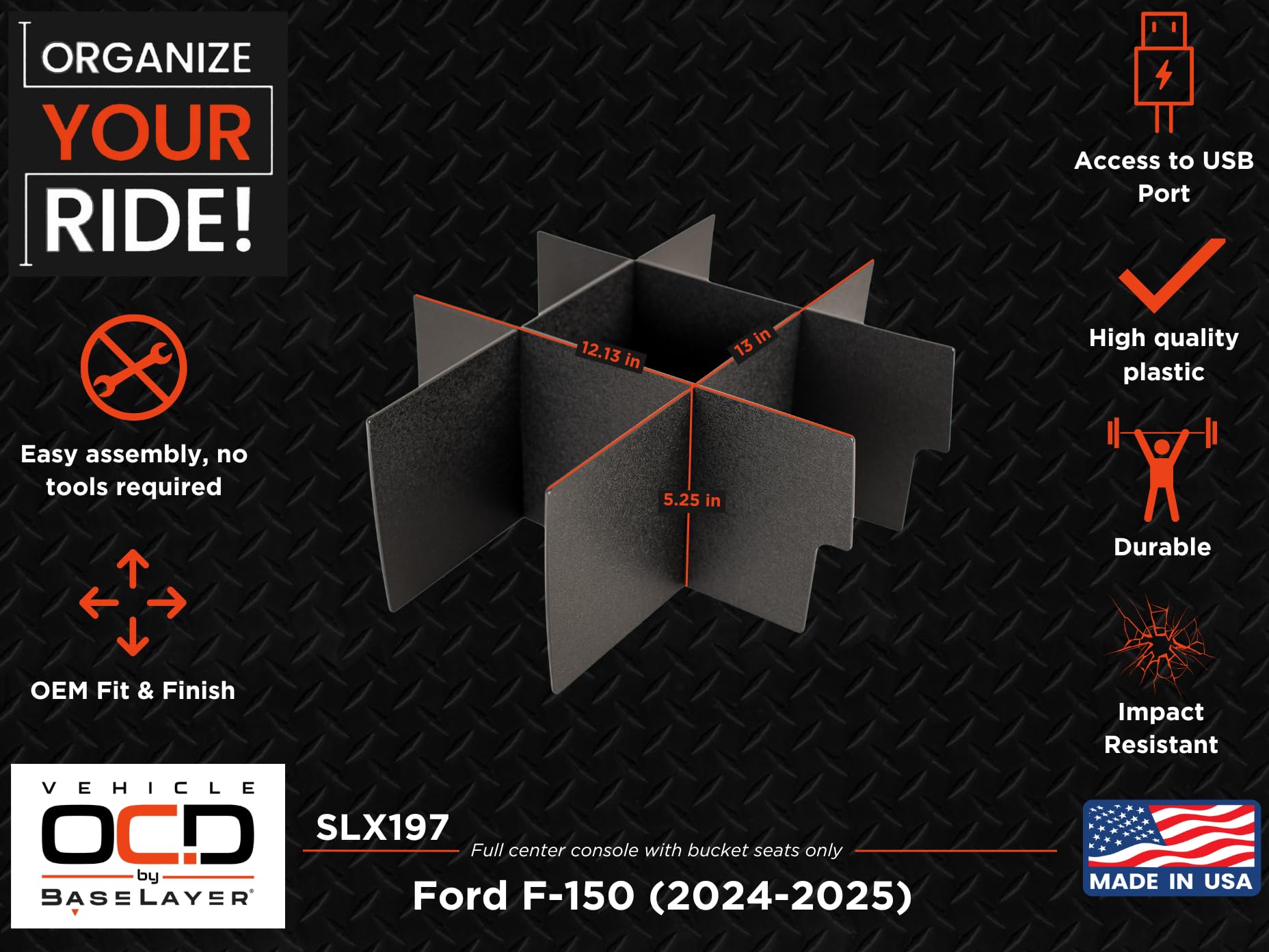 Vehicle Ocd - Center Console Organizer For Ford F150 (Select 2024-2025 Models) (Full Console W/Bucket Seats Only) - Made In Usa