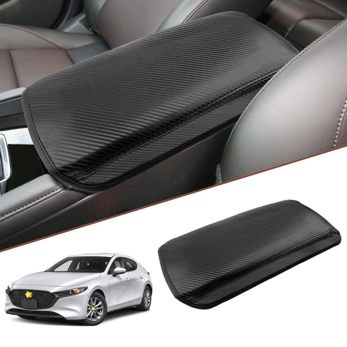 Sktu For 2019 2020 2021 2022 2023 2024 Mazda 3 Mazda3 Center Console Cover 2023 2024 Mazda3 Armrest Pad 2024 Mazda3 Bp Seat Box Cover Automotive Car Center Console Soft Cushion (Carbon Fiber)
