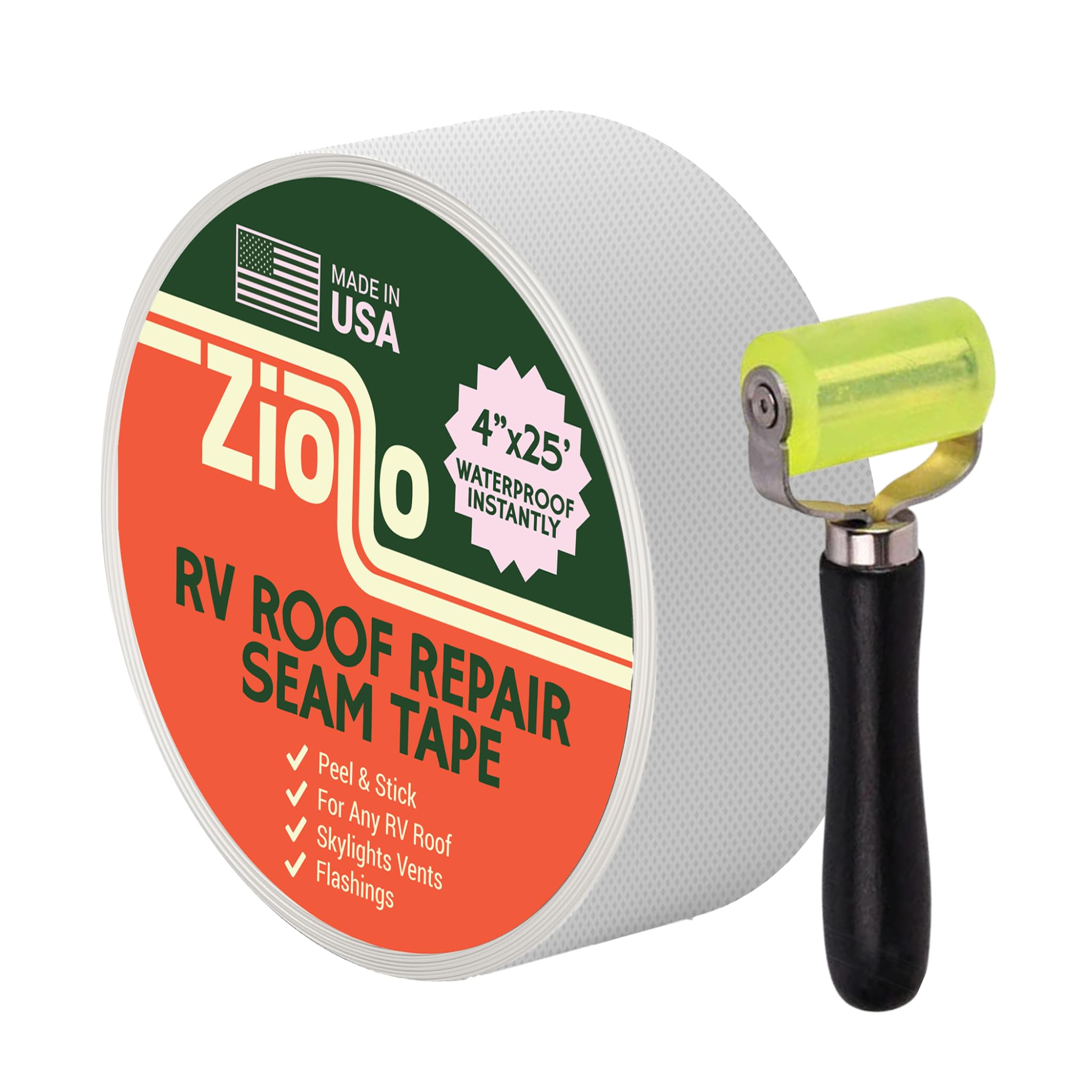 Ziollo Rv Roof Repair Seam Tape With Roller - 4'' X25' Waterproof Tape For Campers, Motorhomes & Trailers - Works On Epdm, Tpo,