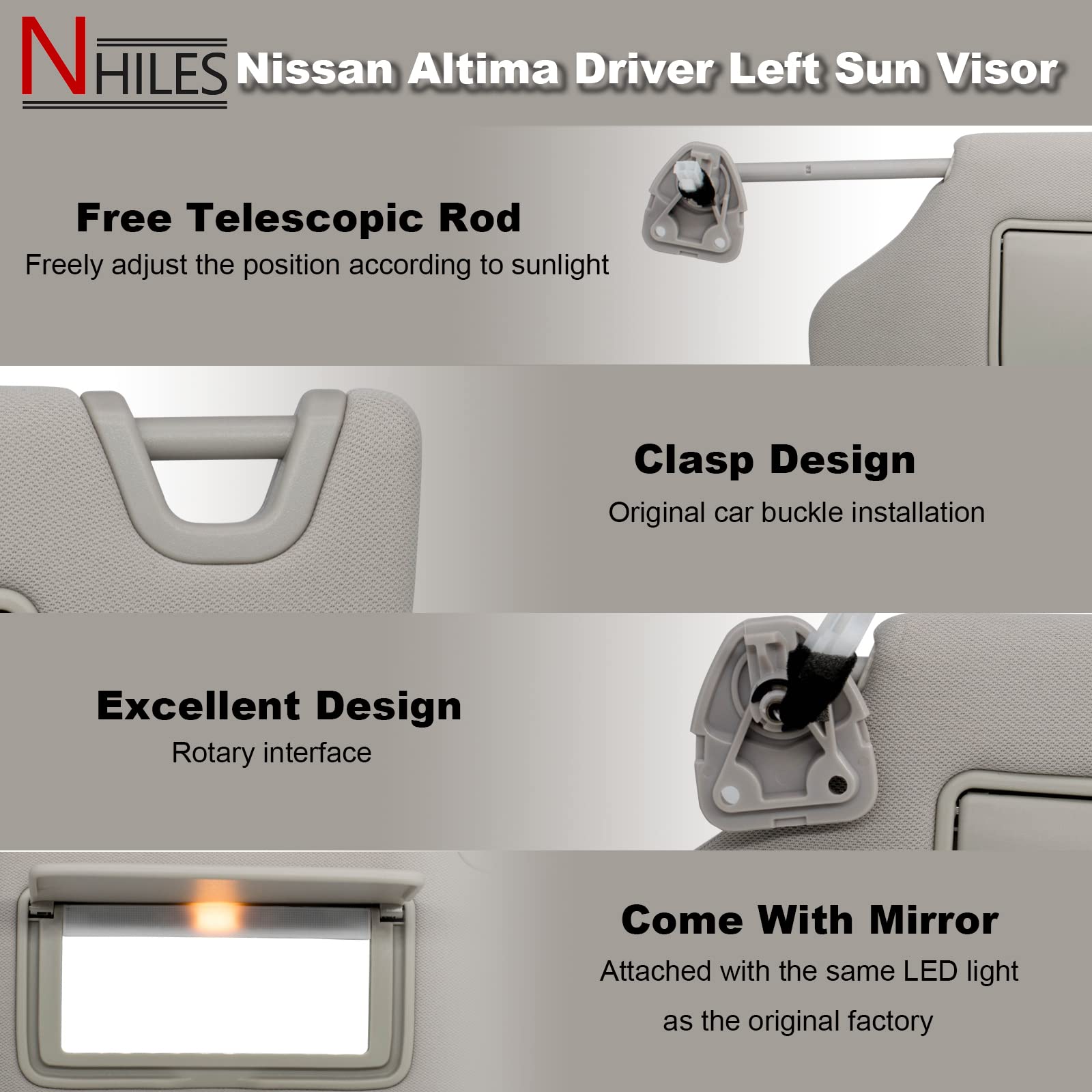 Nhiles Left Driver Side Sun Visor Compatible With Nissan Altima 2013 2014 2015 2016 2017 2018 With Light, Without Sunroof 96401-3Ta2A Color Gray