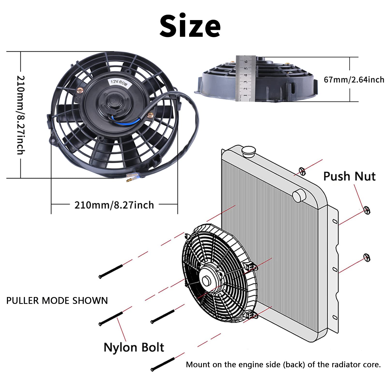 Fgjqefg 12 Inch Universal Slim Fan Push Pull Electric Radiator 12V 80W High Performance Cooling Fan Mount Kit Red 2 Pcs