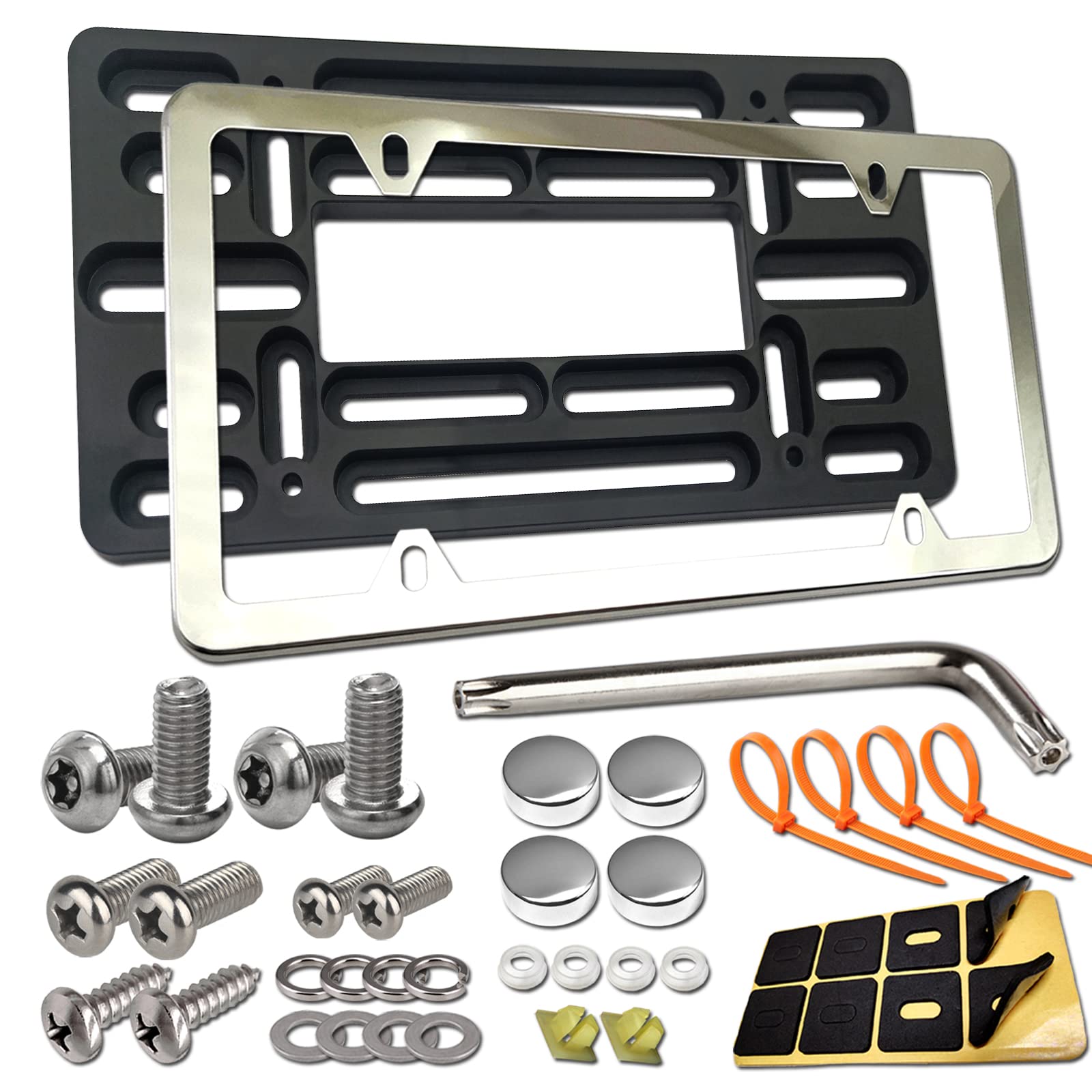 Aootf Front License Plate Bracket- Universal Front Bumper Plate Mounting Kit, Car Tag Holder Adapter& Stainless Steel Plate Cove