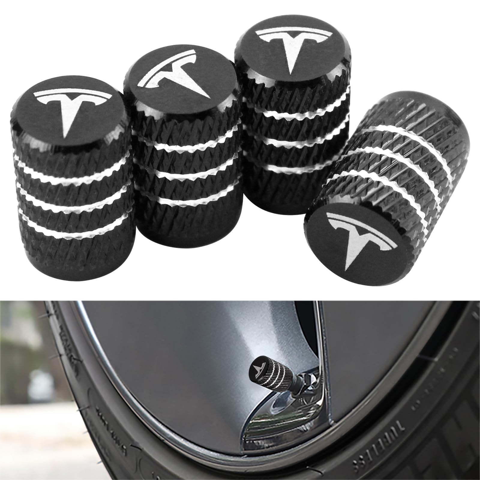 Vihimai 4Pcs Tire Caps, Aluminum Alloy Valve Stem Cap Decorative Accessory Compatible For Model Y X S 3 (Black)