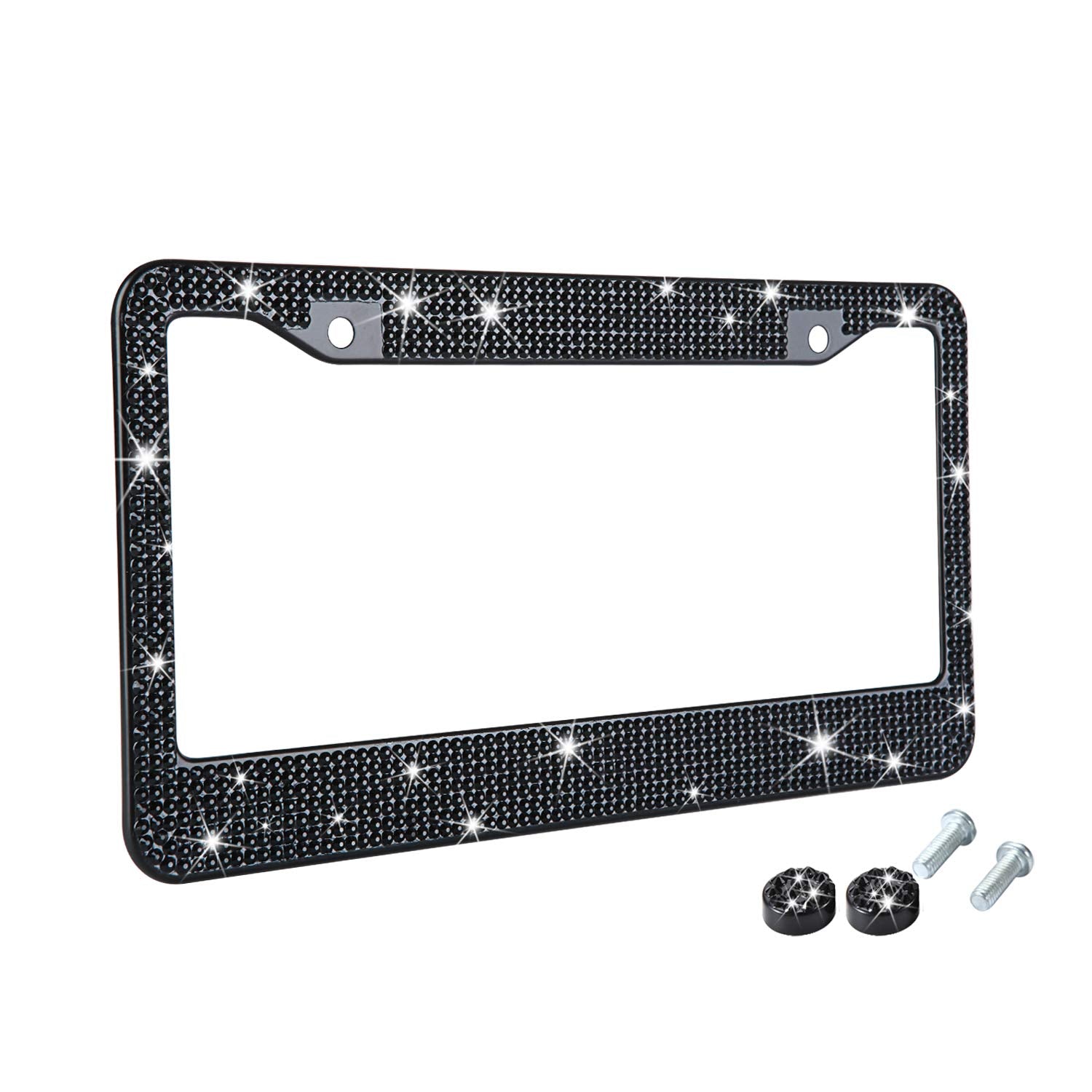TZARROT Black Rhinestone Bling License Plate Frame, Metal Rust-Proof License Plate Cover Bling Car Accessories for Women Man