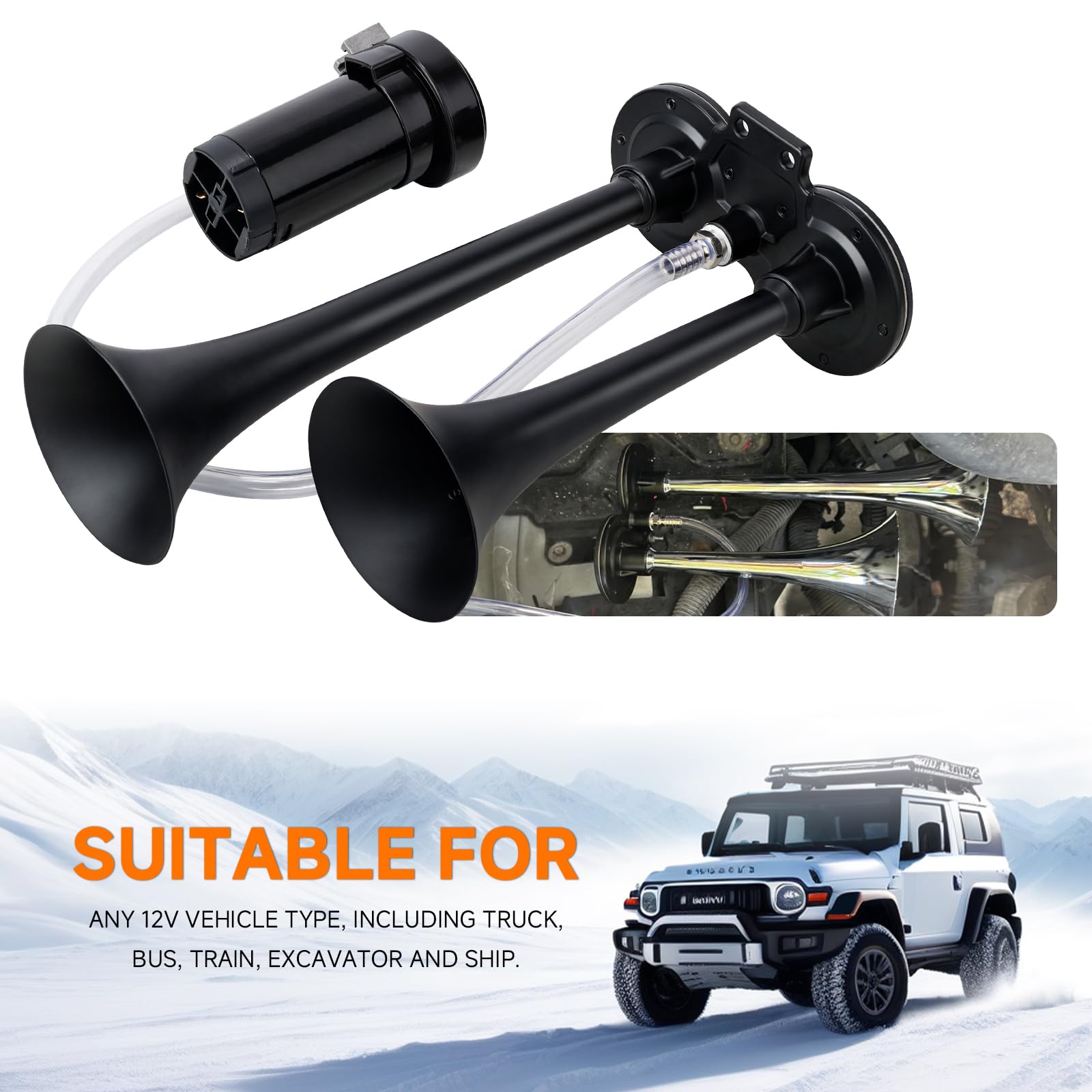 AOLIHAN Black Train Horn for Car, Loud Car Horns, Air Horn for Truck/Car/Motorcycle, 12V 150dB Super Loud Dual Trumpet Air Horns