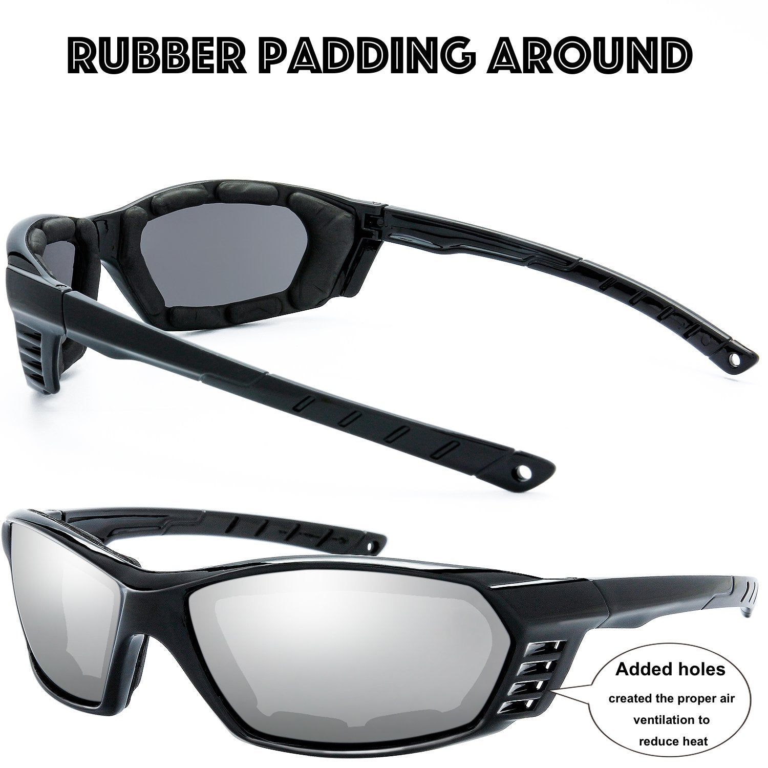 The Fresh 3 Pairs Motorcycle Riding Glasses Padded Frame Lens Block 100% UVB for Outdoor Activity Sport (11-Shiny Black, Grey, S