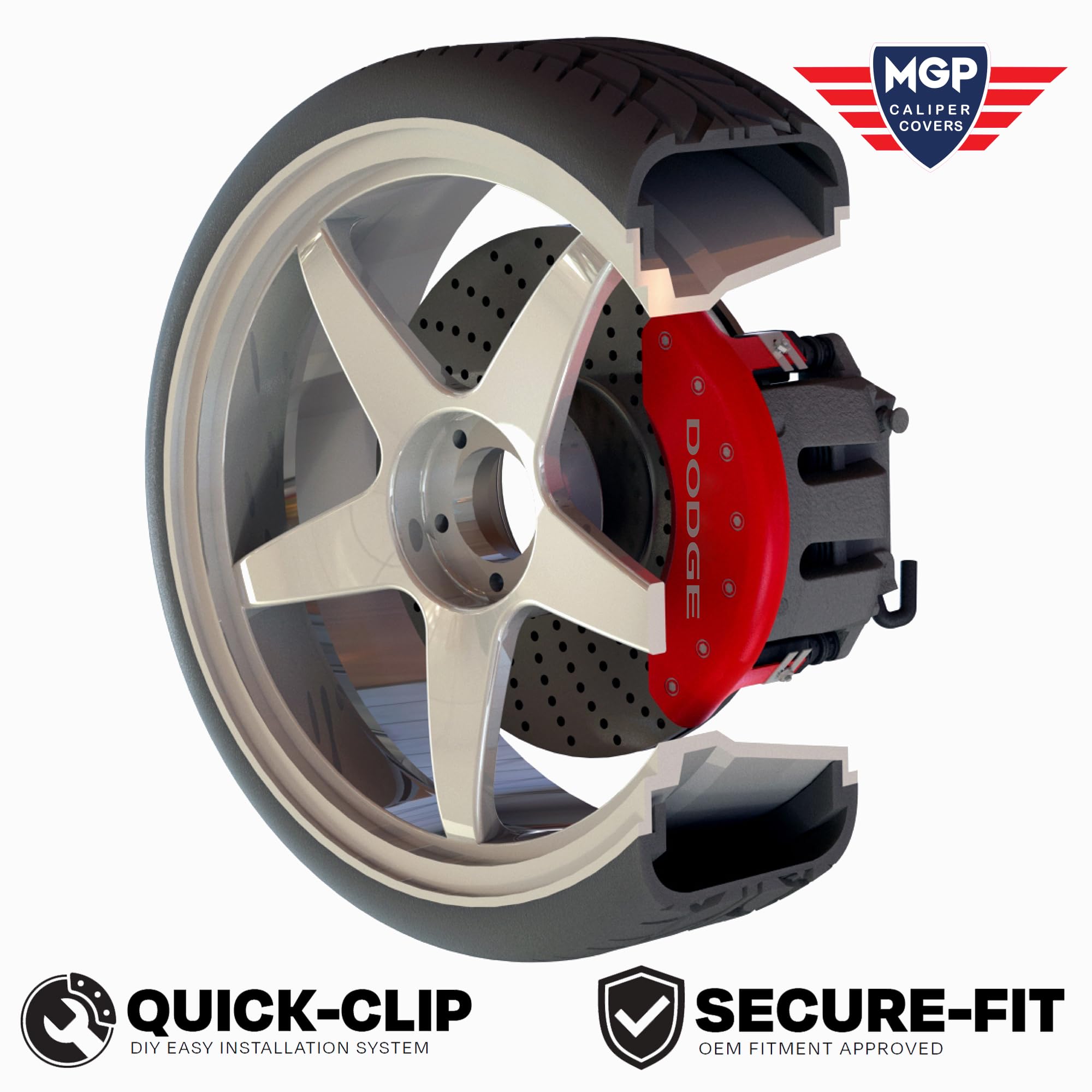MGP Caliper Covers Set of 4 for 2011-2025 Dodge Durango, Red Aluminum, Engraved Silver RT1 Logo, Requires 17" Wheels or Larger