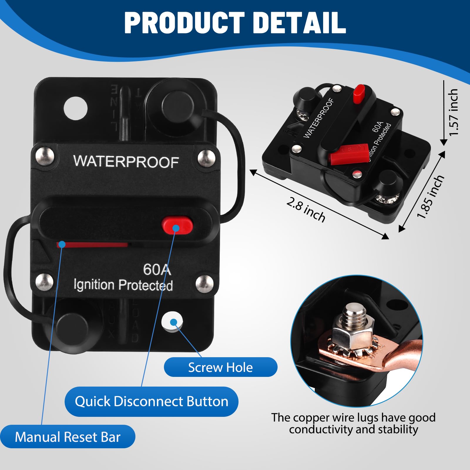 Ozikutech 60 Amp Circuit Breaker Dc 12V 24V 48V Manual Reset Switch For Trolling Motor Marine Boat Battery Solar System