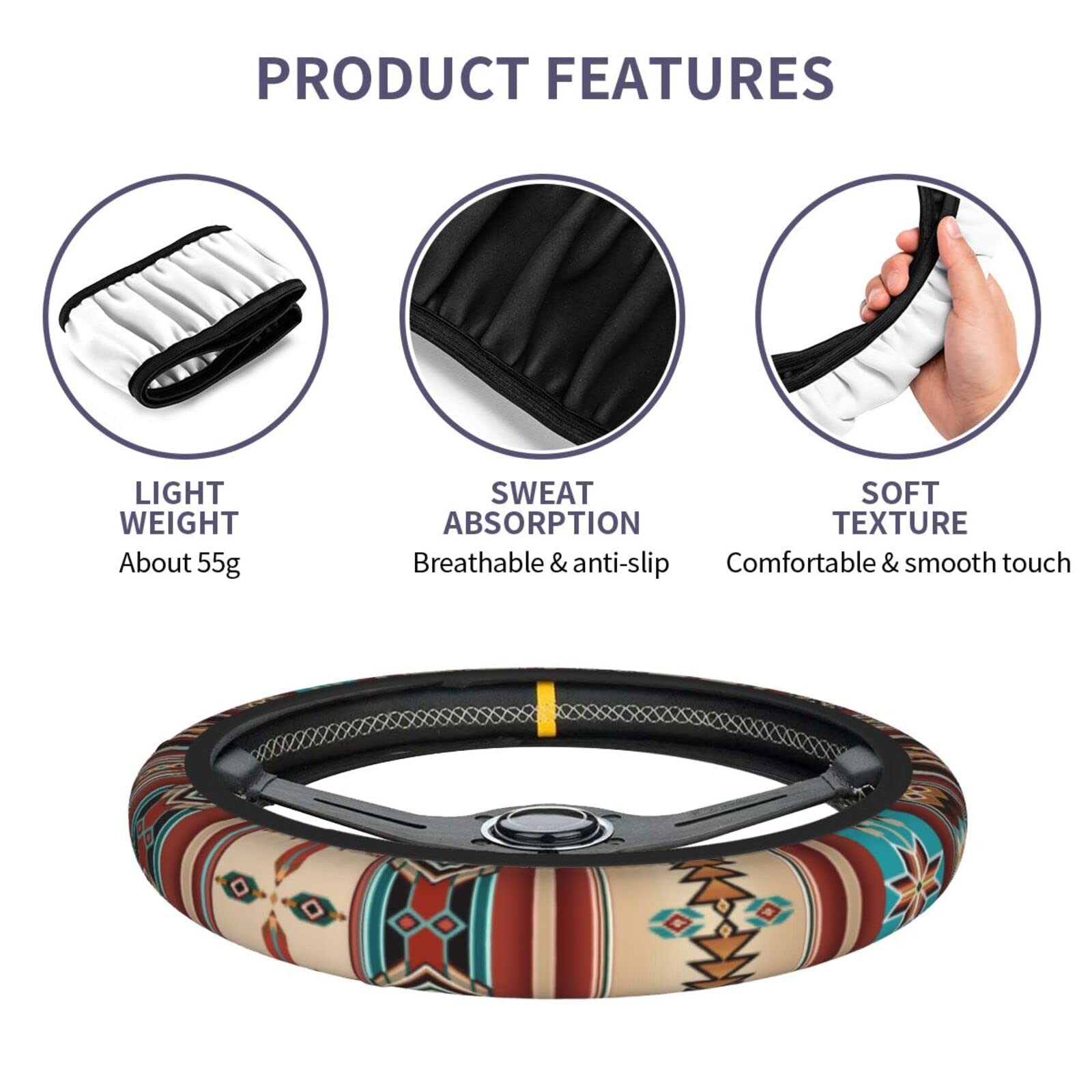 Cool Southwest Native American Tribal Steering Wheel Cover Universal Aztec Style Navajo Bohemian Wheel Protector for Women Non-S
