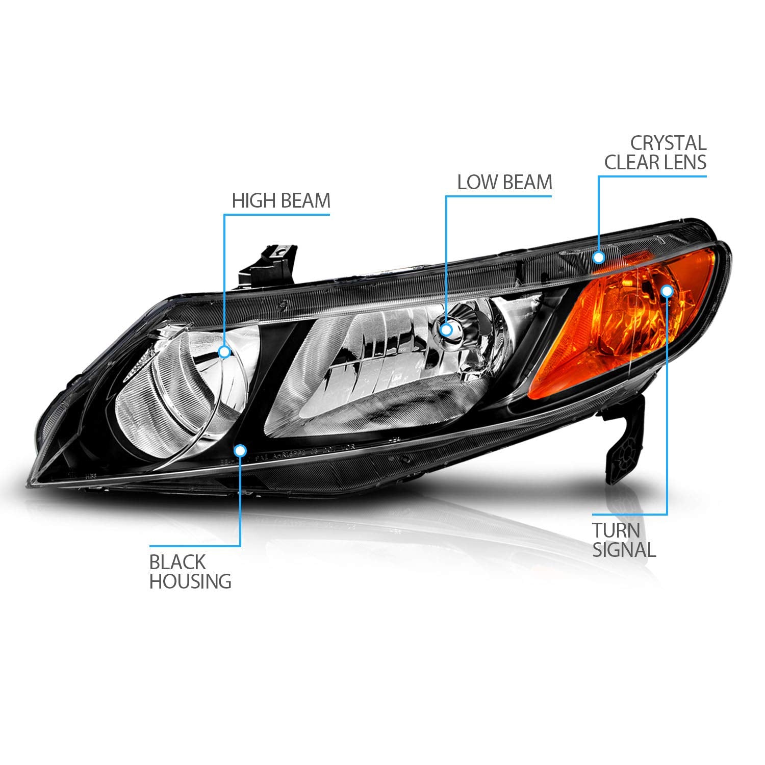 Amerilite Jdm Black Replacement Halogen Headlights Set For 2006-2011 Honda Civic Sedan 4 Door/Hybrid - Passenger And Driver Side