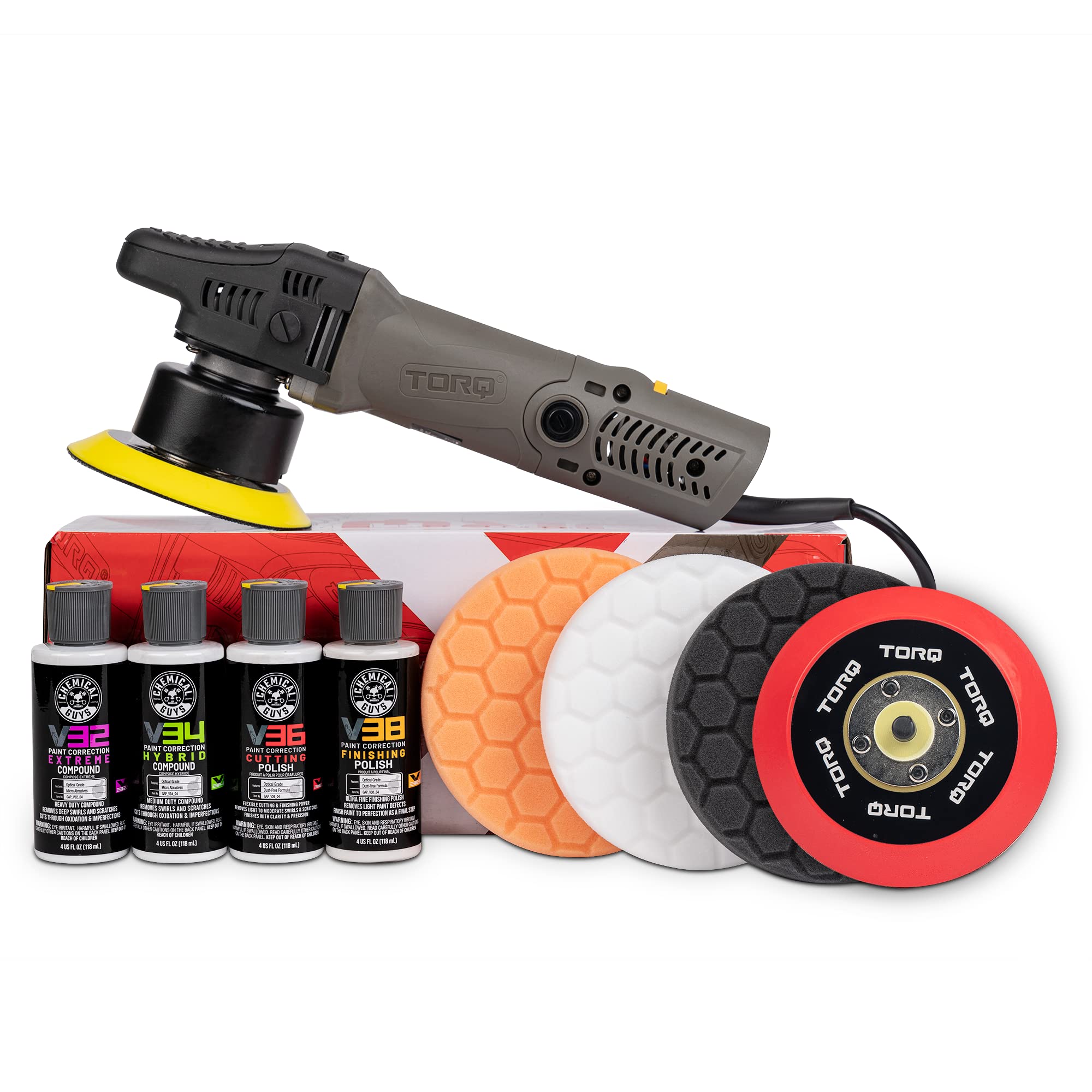 Chemical Guys Buf_503X Torqx Random Orbital Polisher, Pads, Polishes & Compounds Kit (Safe For Cars, Trucks, Suvs, & More) 700W,